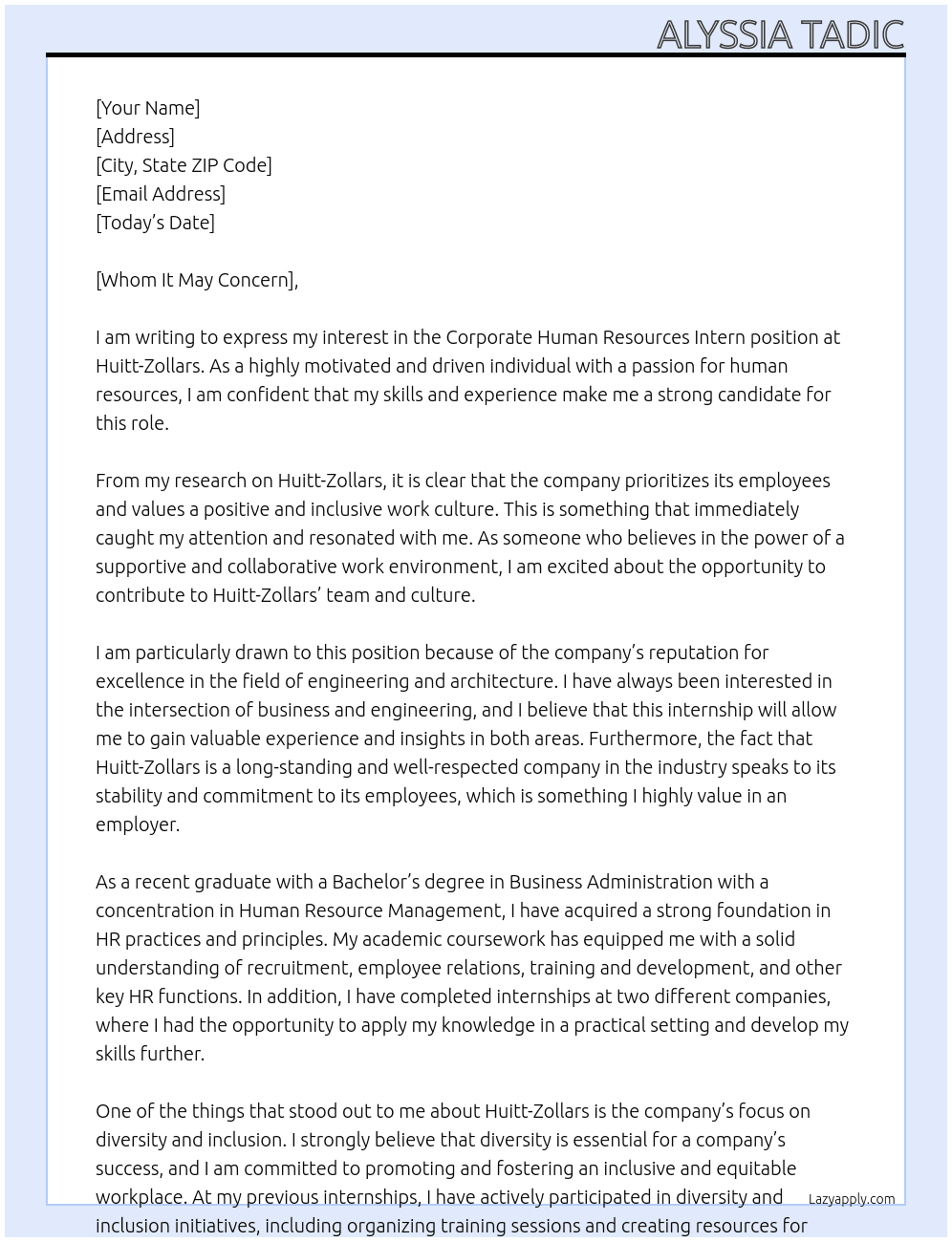 Corporate Human Resources Intern At Huitt-Zollars Cover Letter