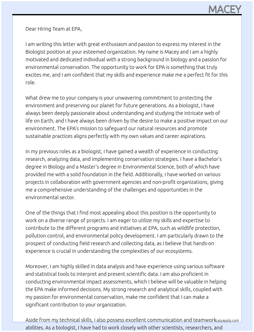 Biologist At EPA Cover Letter