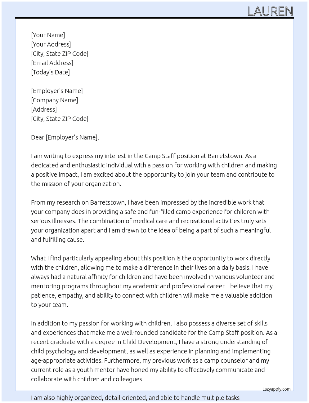 Cover letter for camp staff - LazyApply