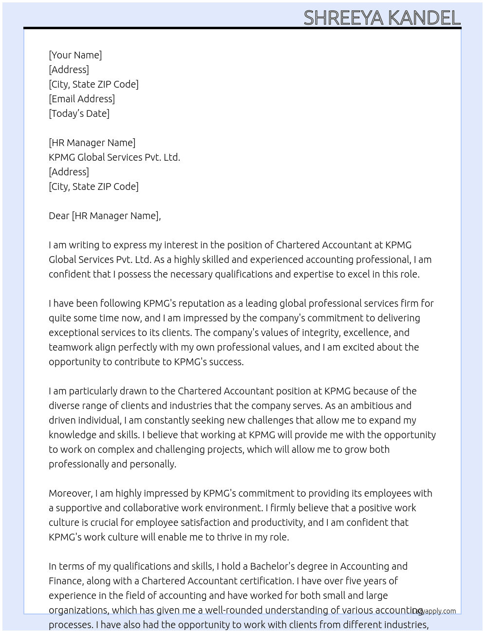 Chartered Accountant At KPMG Global Services Pvt. Ltd. Cover Letter