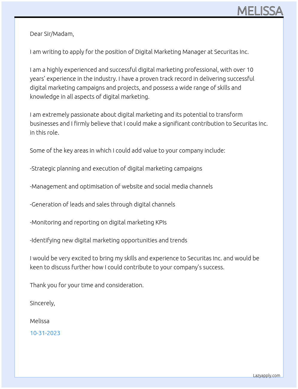 Digital Marketing Manager At Securitas Inc. Cover Letter