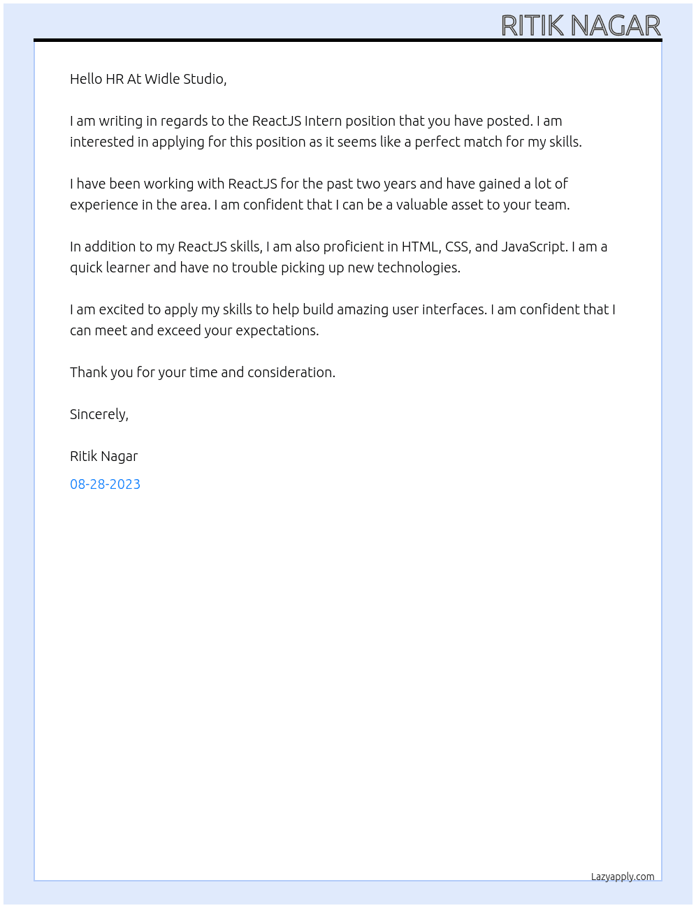 ReactJS Intern At Widle Studio Cover Letter