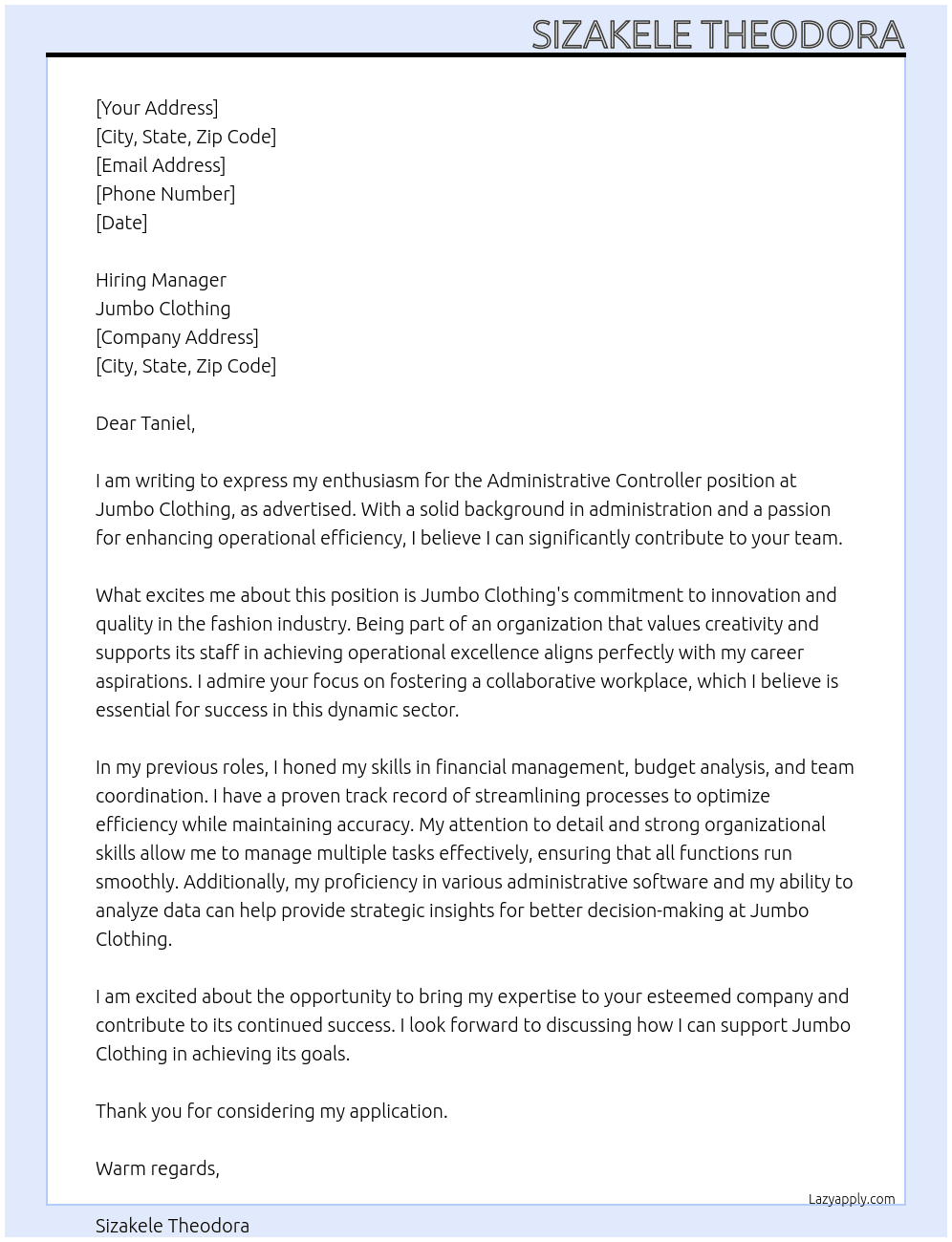 Administrative Controller  At Jumbo clothing  Cover Letter