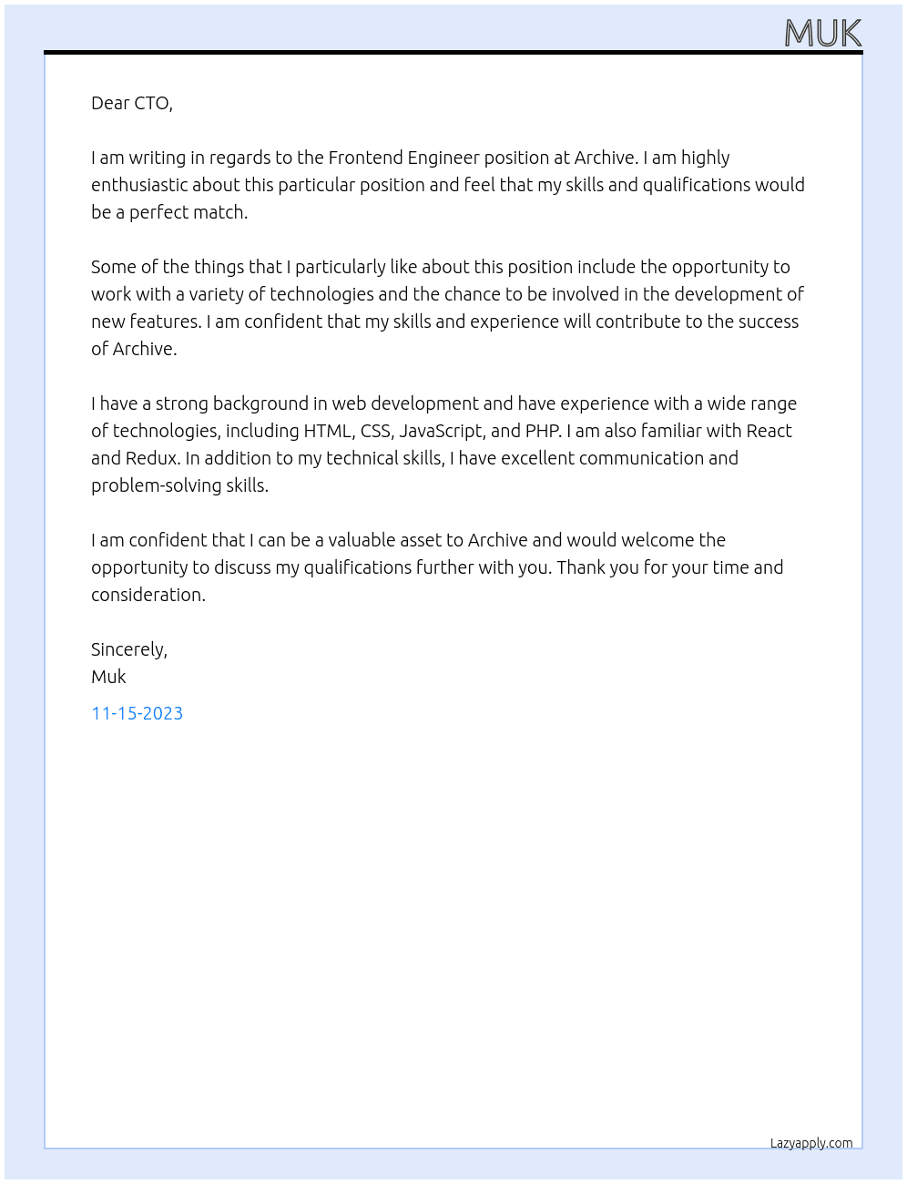 Frontend Engineer At Archive Cover Letter