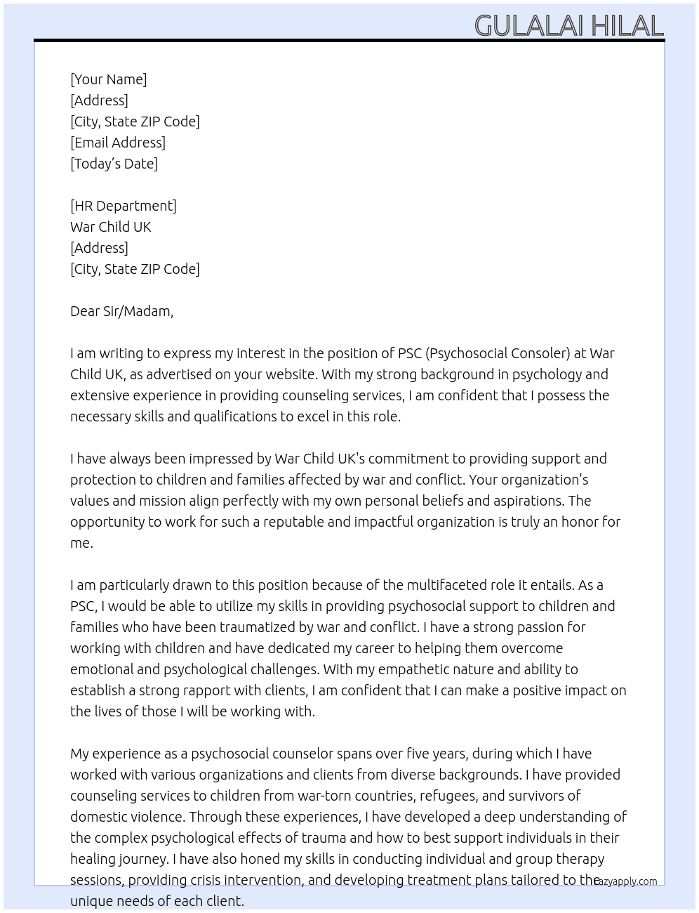 PSC(psychosocial consoler  At War Child UK Cover Letter