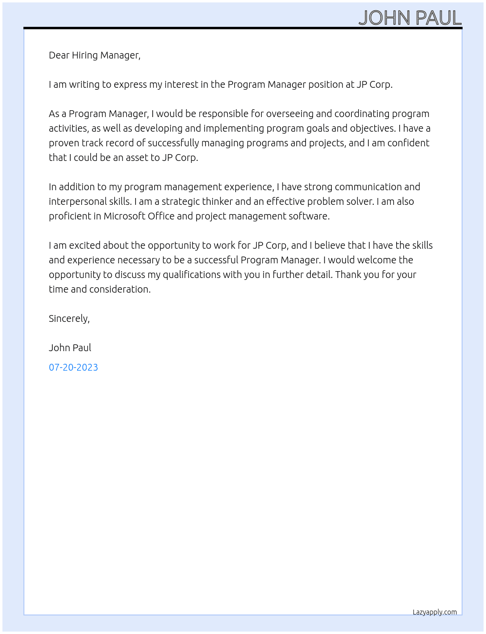 Program Manager At JP Corp Cover Letter