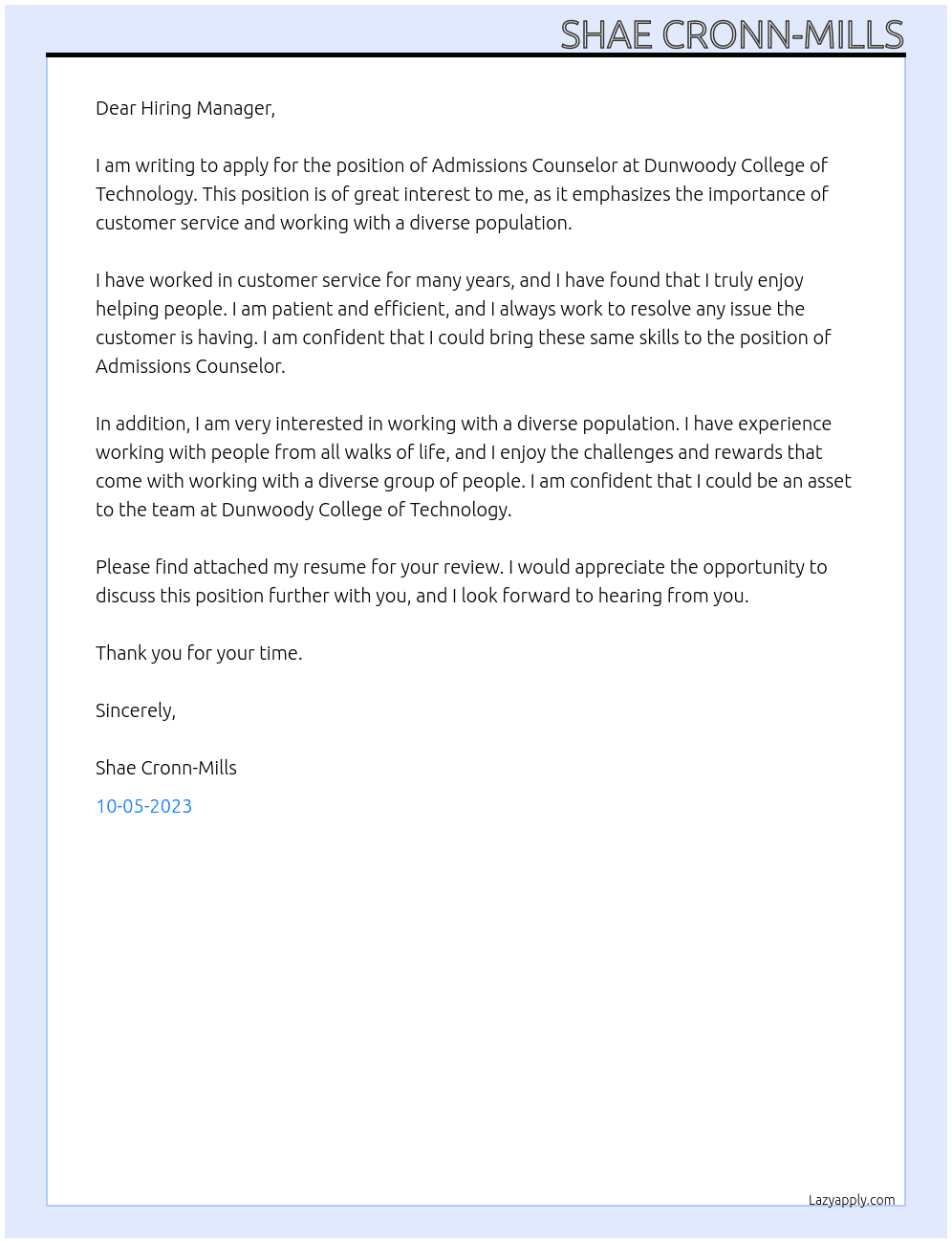 Admissions Counselor At Dunwoody College of Technology Cover Letter