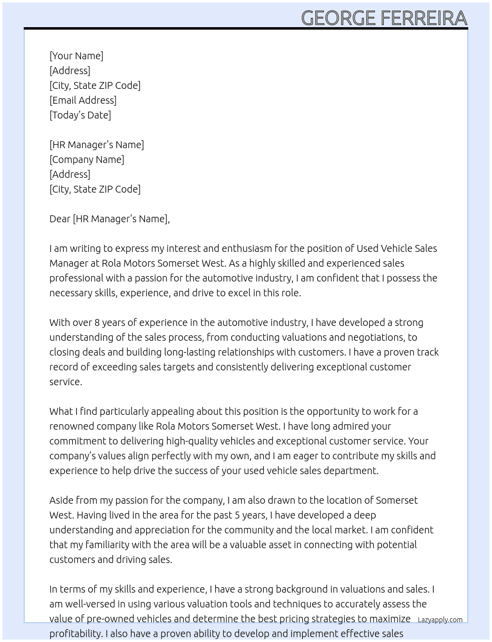 Used Vehicle Sales Manager At Rola Motors Somerset West Cover Letter