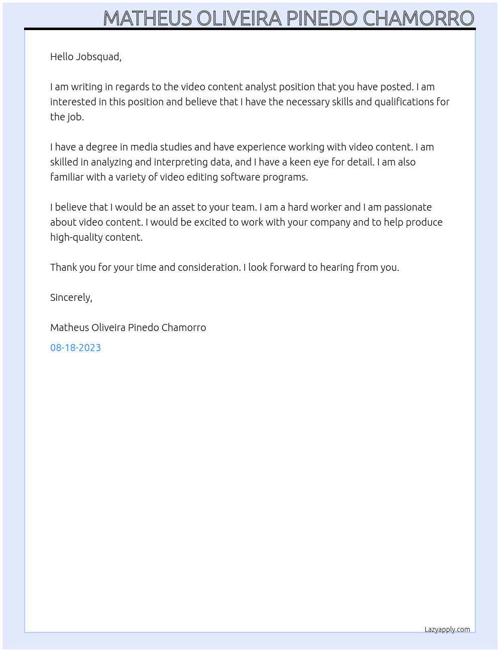 Video content analyst At Jobsquad Cover Letter