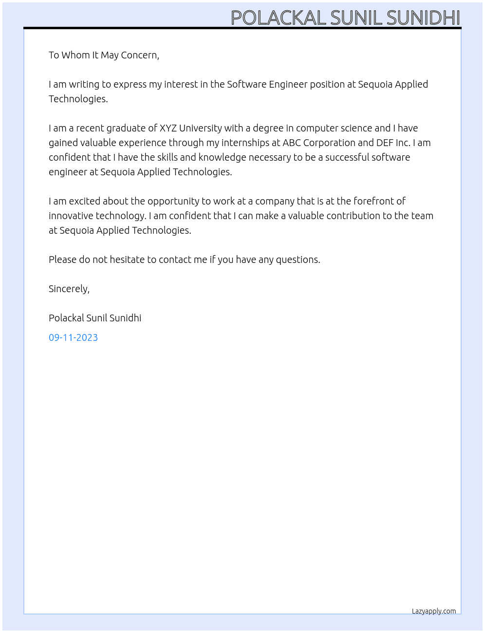 Software Engineer At Sequoia Applied Technologies Cover Letter