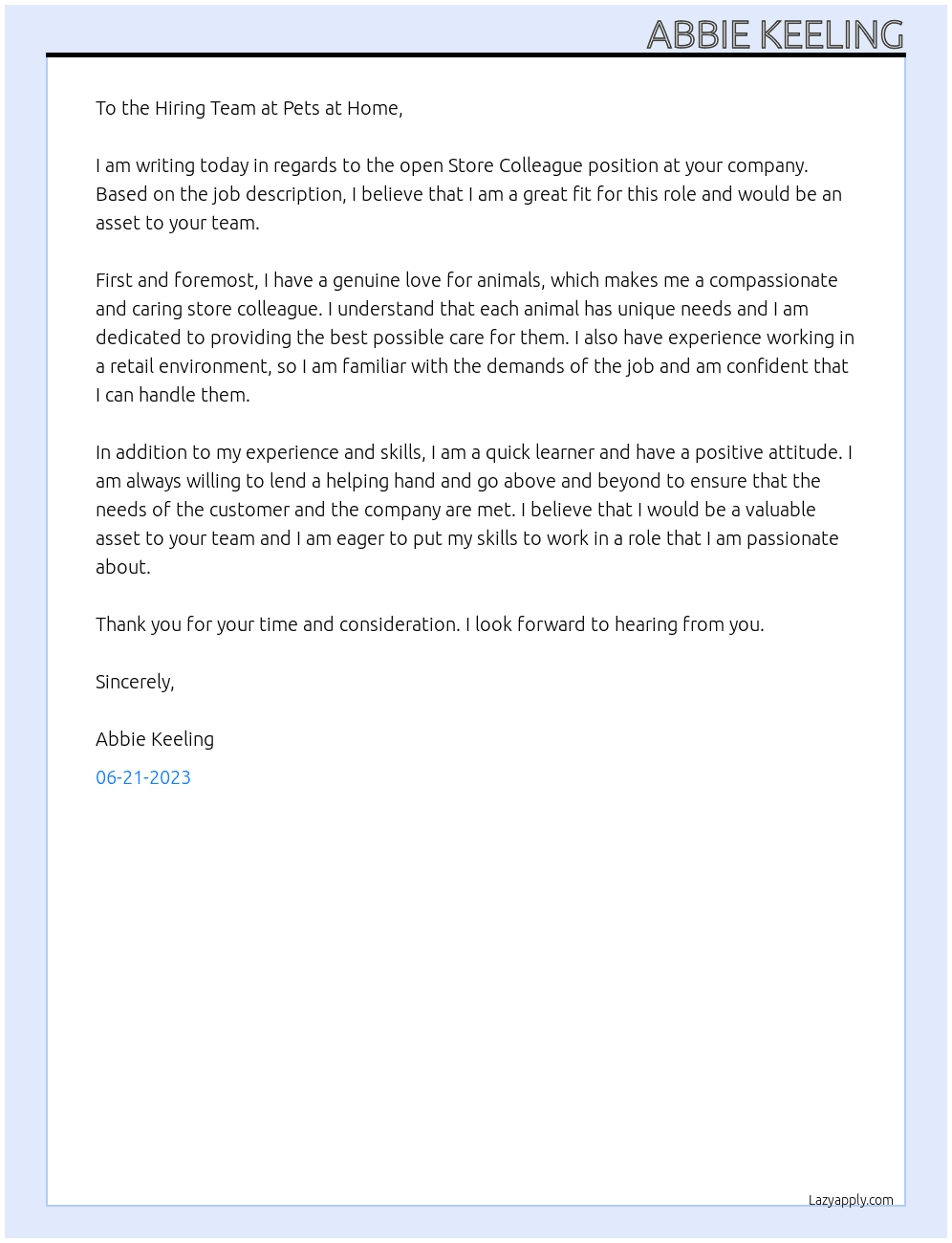 store colleague  At pets at home  Cover Letter