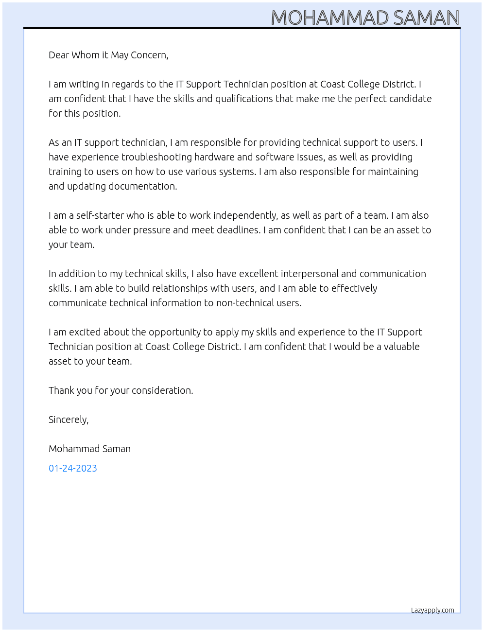 IT Support Technician At Coast College District Cover Letter