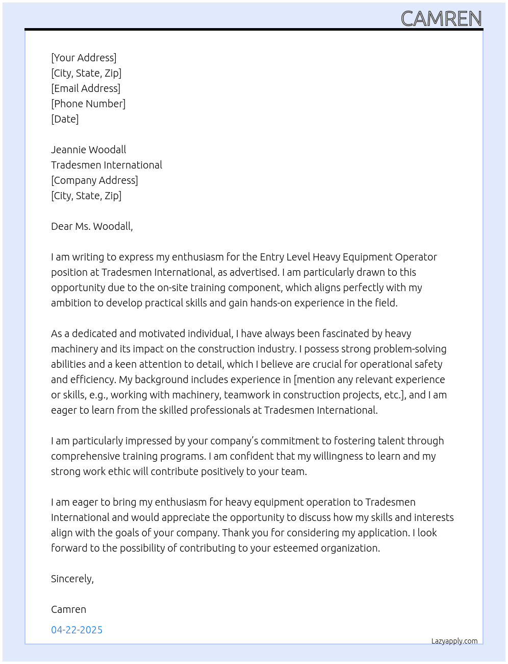 entry level heavy equipment operator At tradesmen international Cover Letter