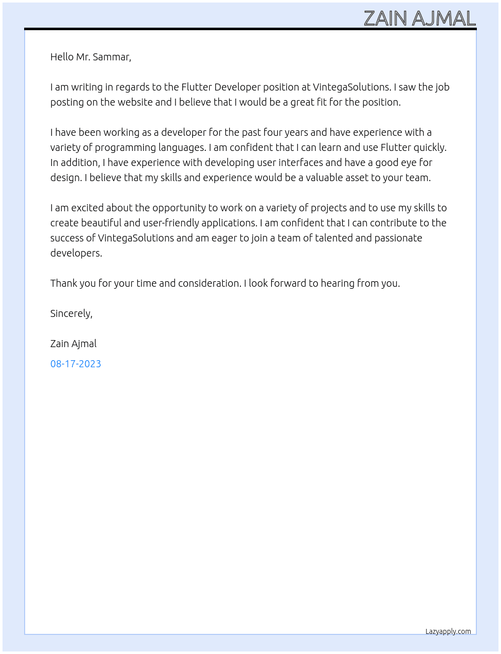 Flutter Developer At VintegaSolutions Cover Letter