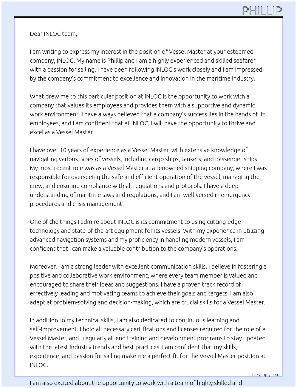 Vessel Master At INLOC Cover Letter