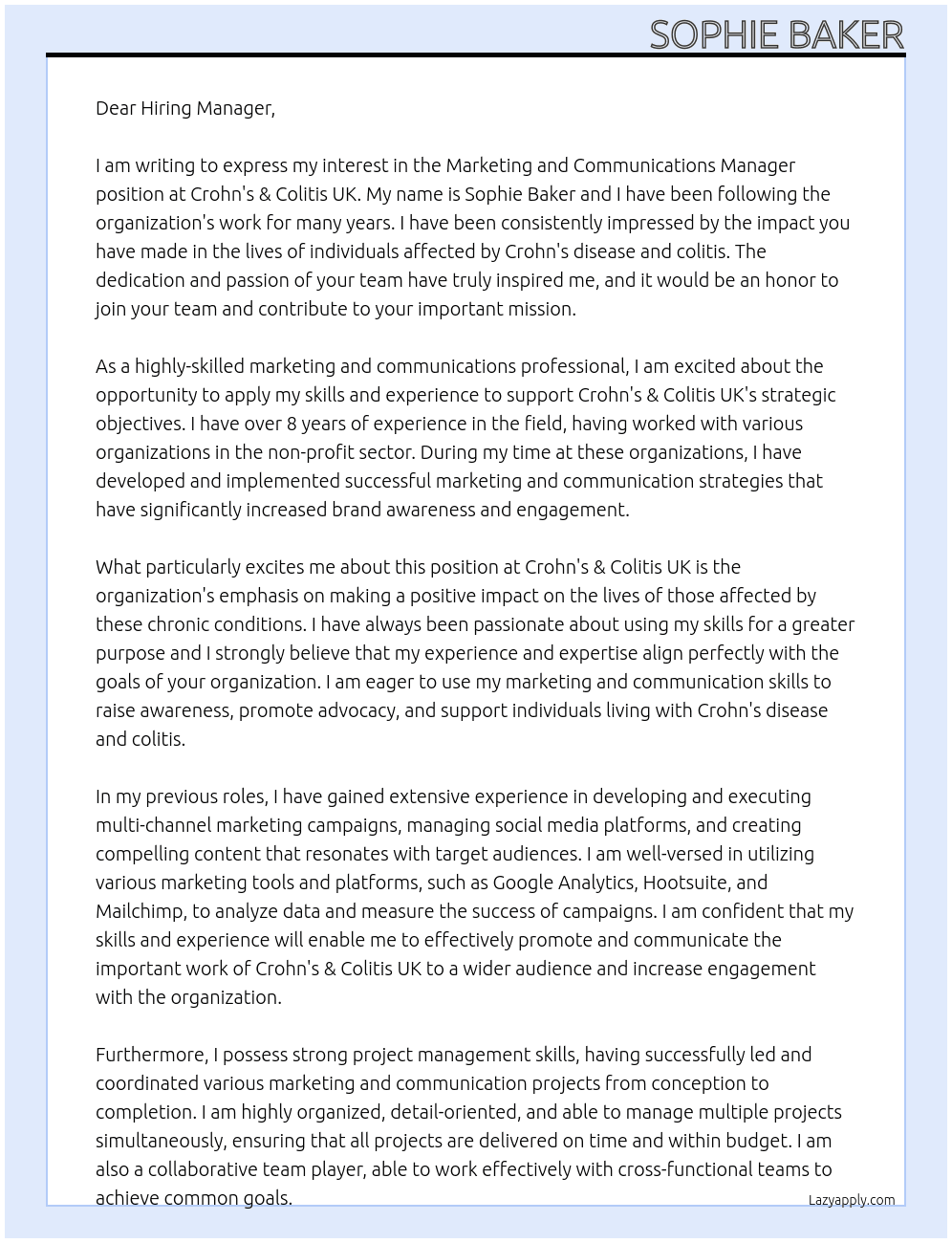 Marketing and communications manager At Crohn's & Colitis UK Cover Letter