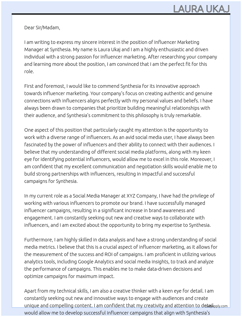 Influencer Marketing Manager At Synthesia Cover Letter