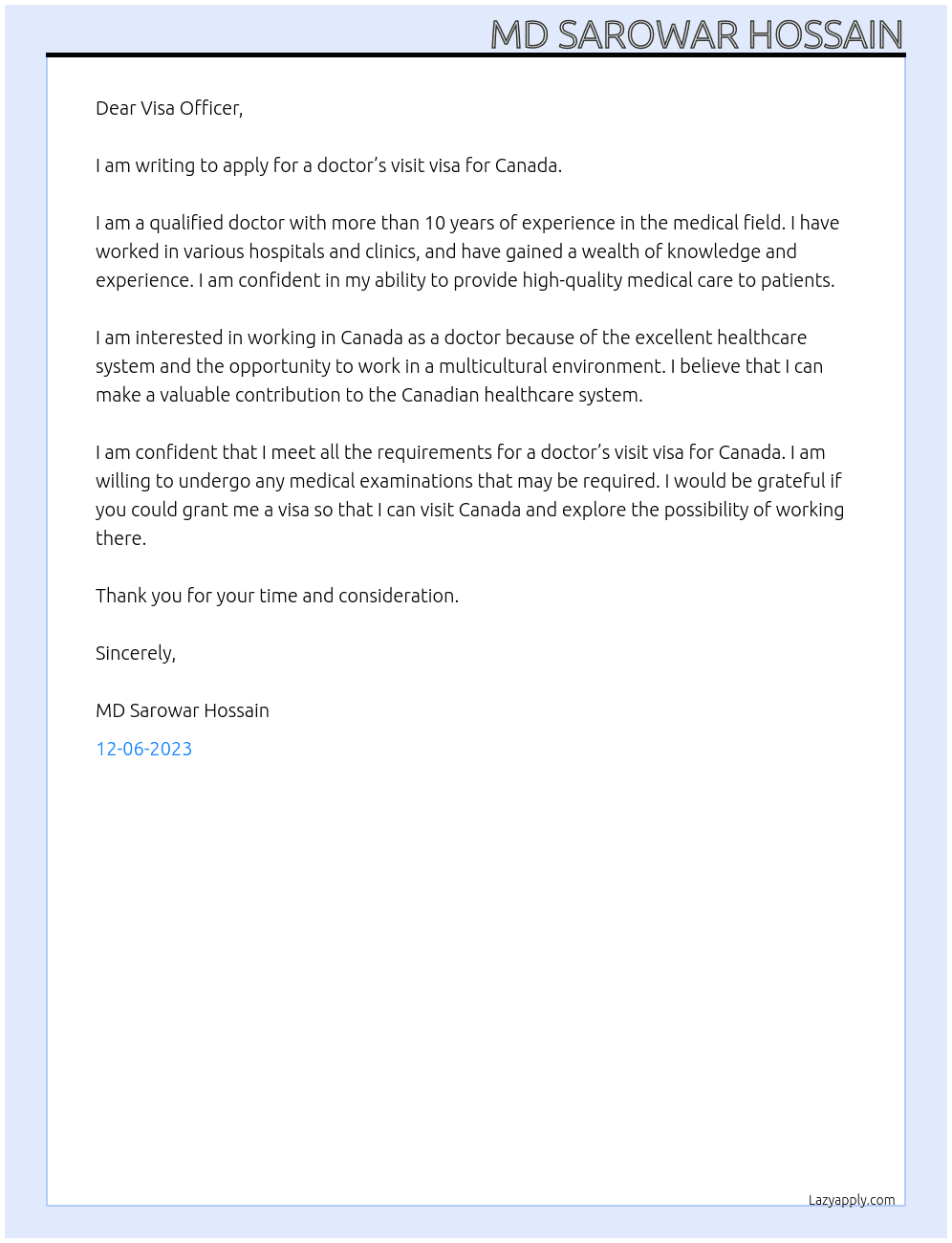 Doctor At visit visa for canada  Cover Letter
