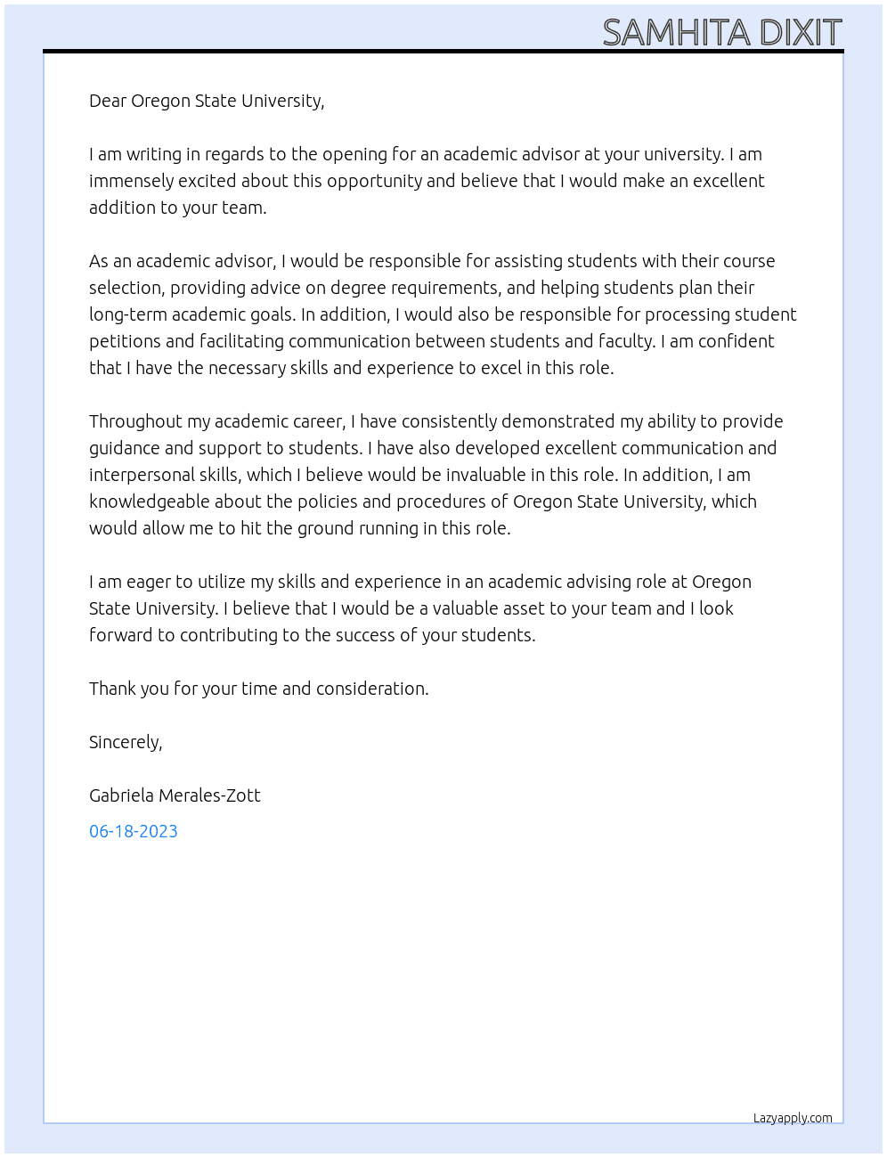 Acadamic Advisor  At Oregon State University  Cover Letter
