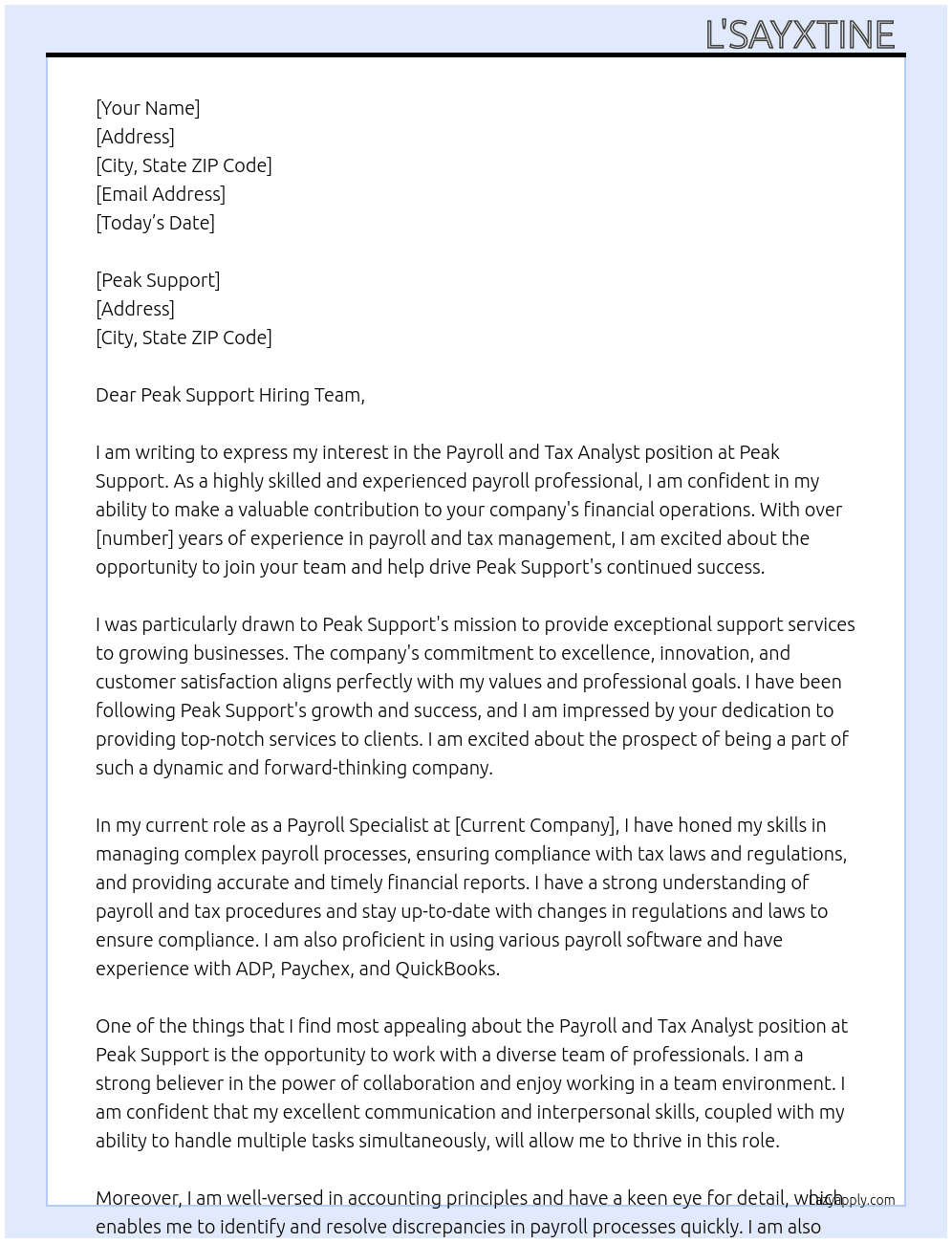 Payroll and Tax Analysts At Peak Support Cover Letter