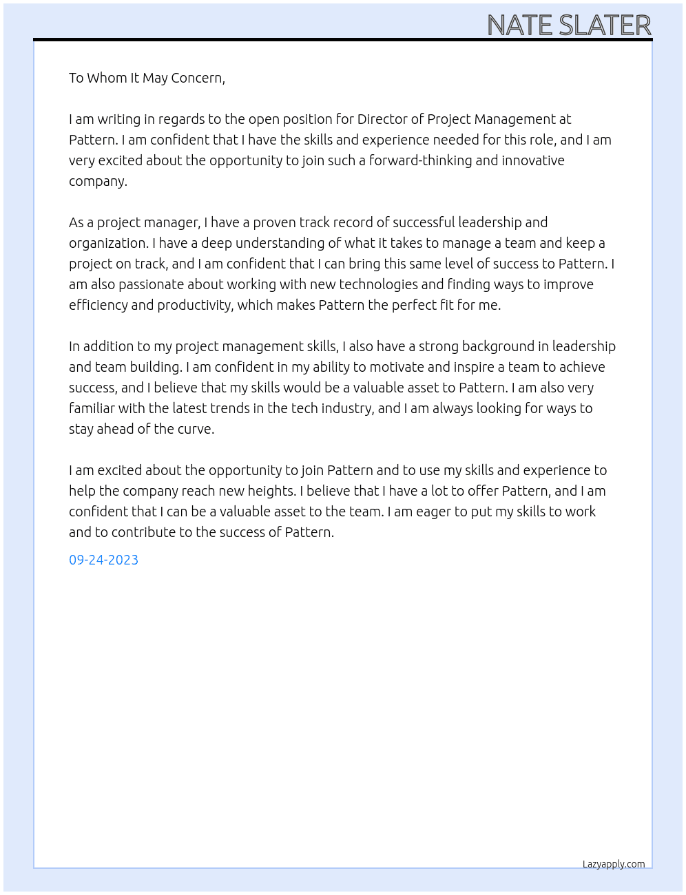 Director of Project Management At Pattern Cover Letter