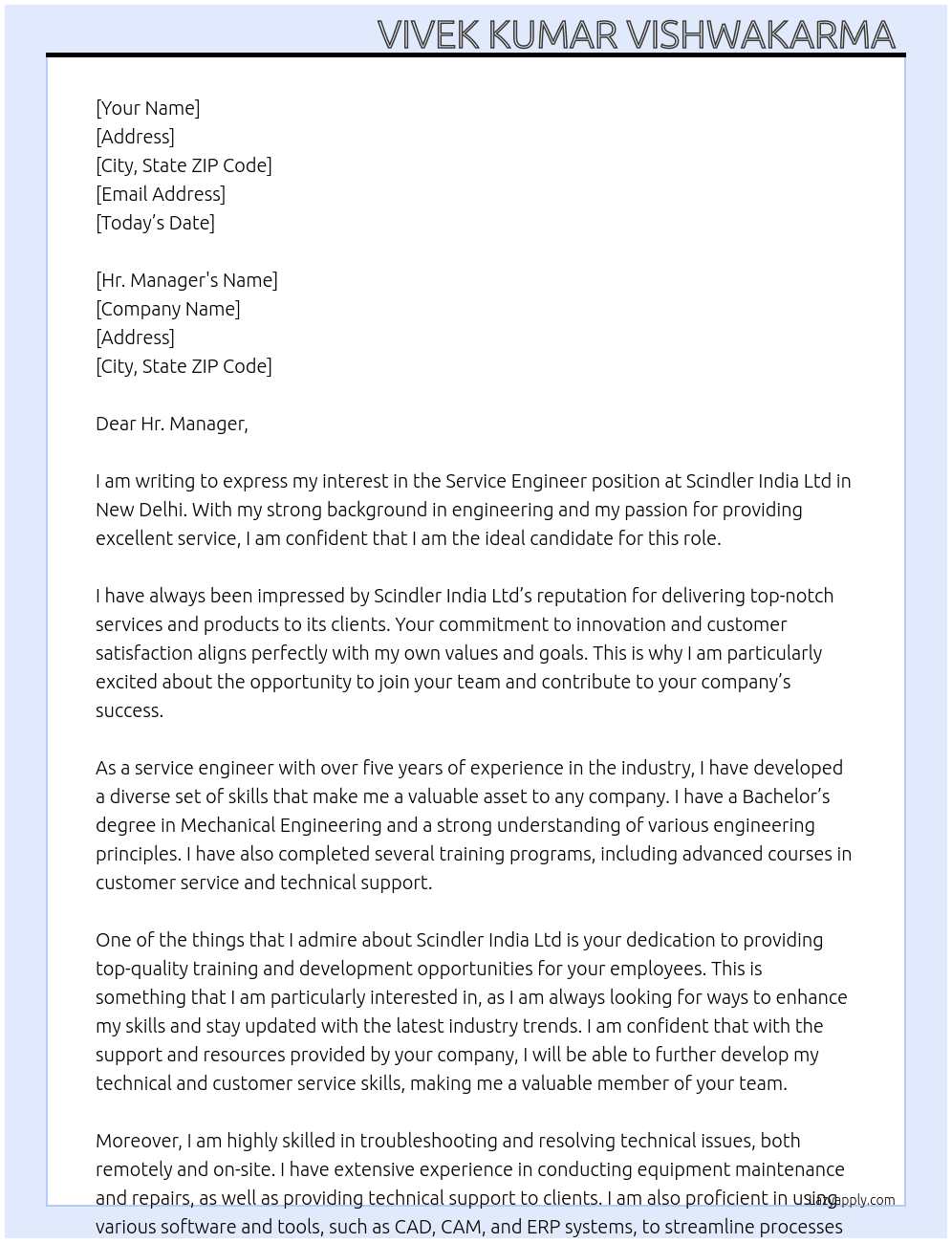 Service Engineer  At Scindler India Ltd Cover Letter