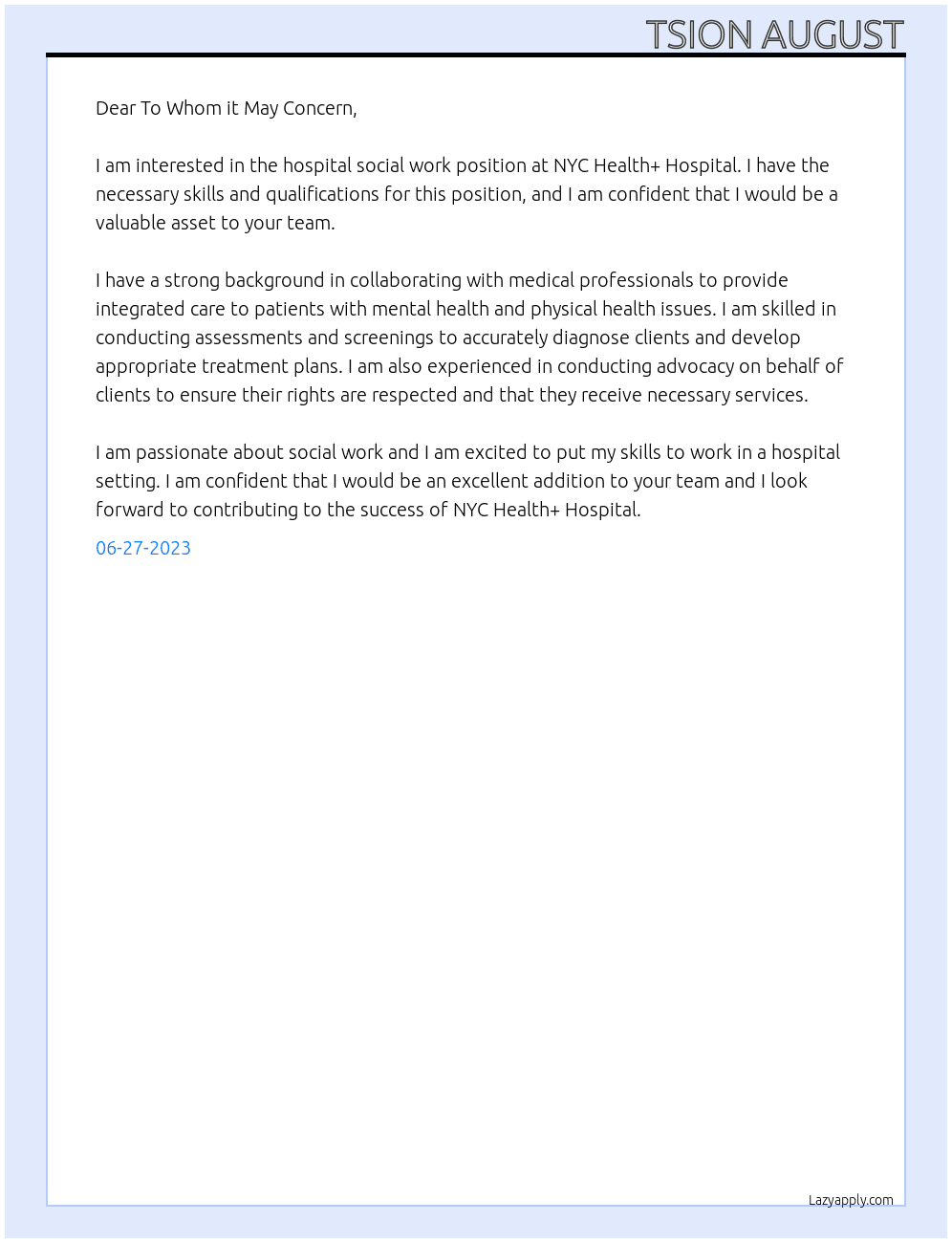 Hospital Social Work At NYC Health+ Hospital Cover Letter