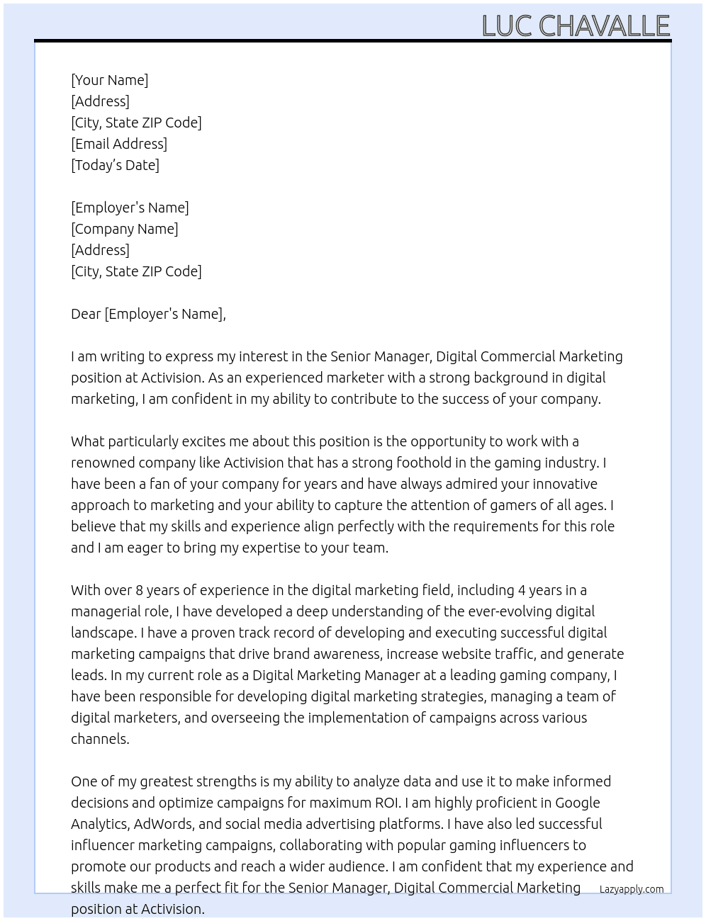 Senior Manager, Digital Commercial Marketing At Activision Cover Letter