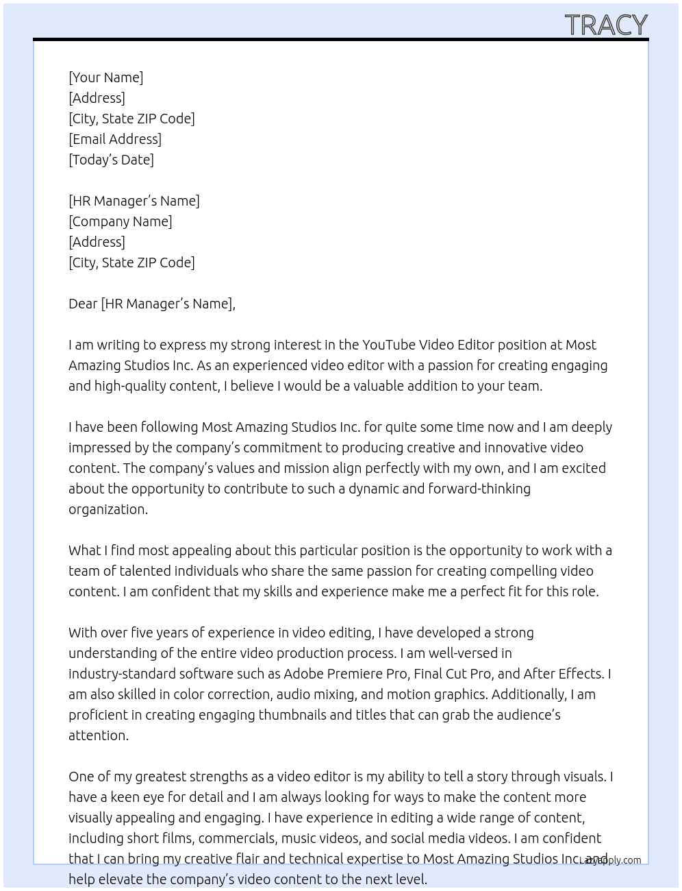 YouTube Video Editor At Most Amazing Studios Inc. Cover Letter