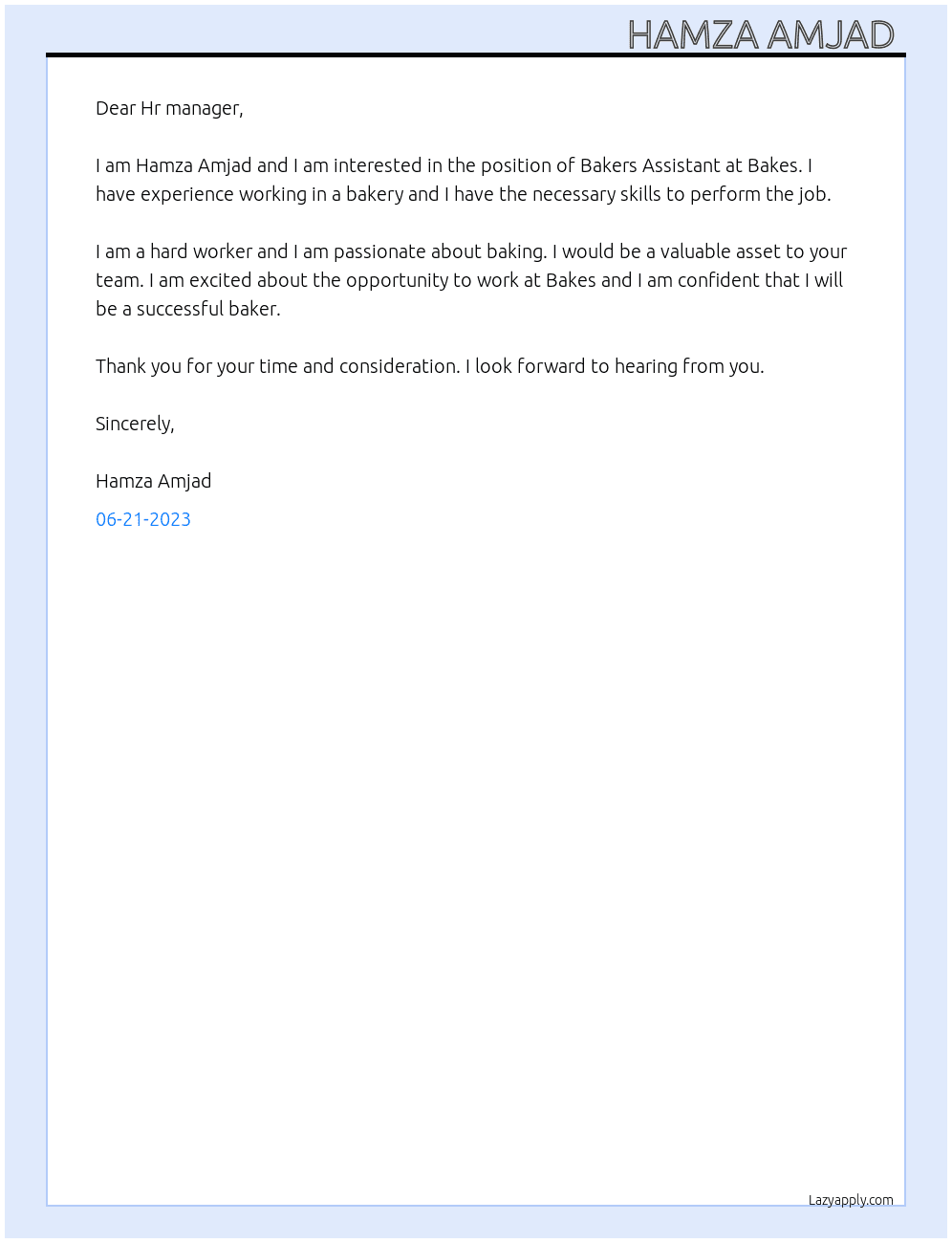 Bakers Assistant  At Bakes Cover Letter