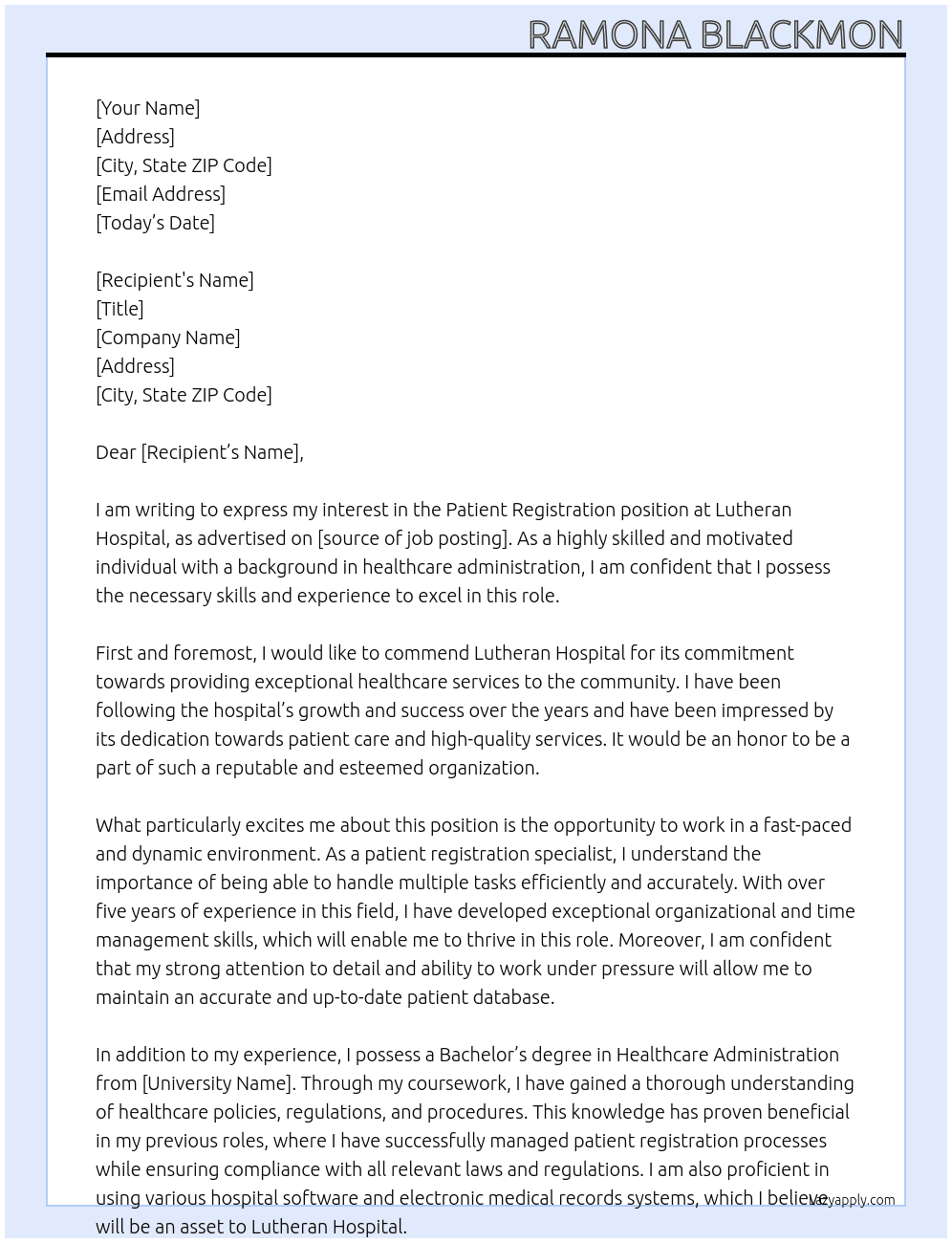 Patient Registration At Lutheran Hospital Cover Letter