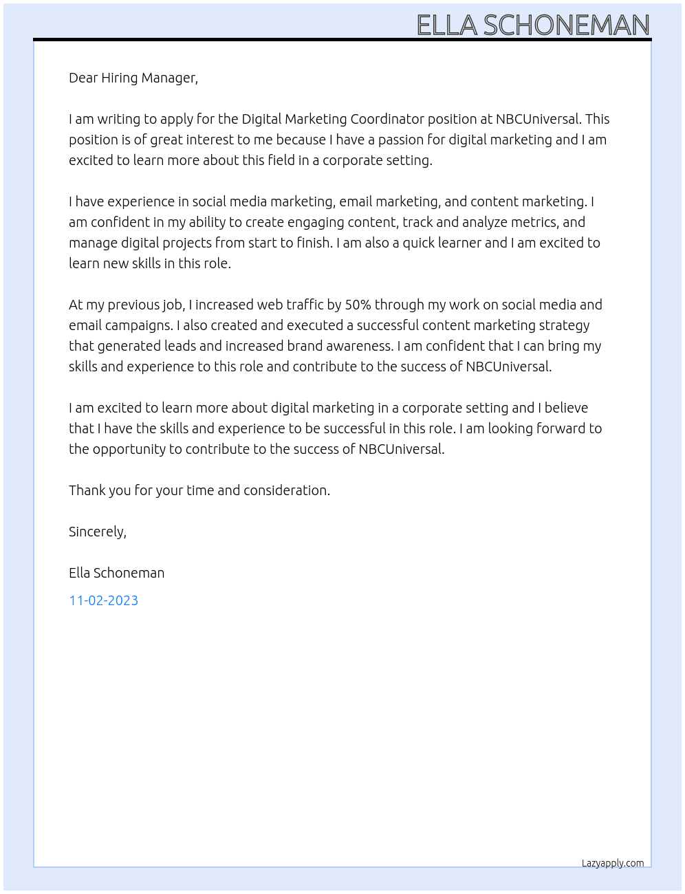 Digital Marketing Coordinator At NBCUniversal Cover Letter