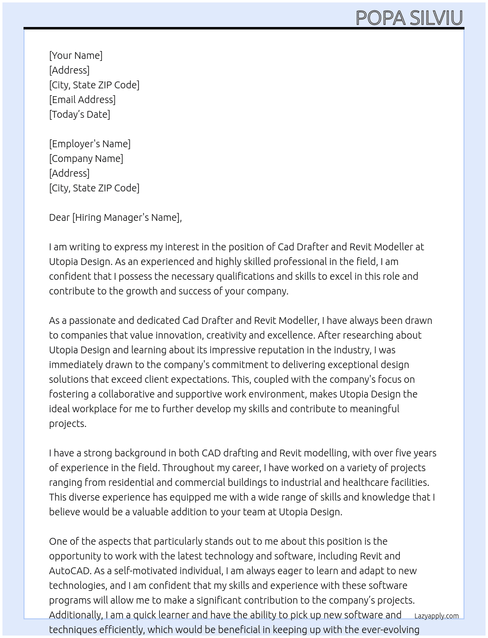 Cad drafter and Revit modeller  At Utopia Design Cover Letter