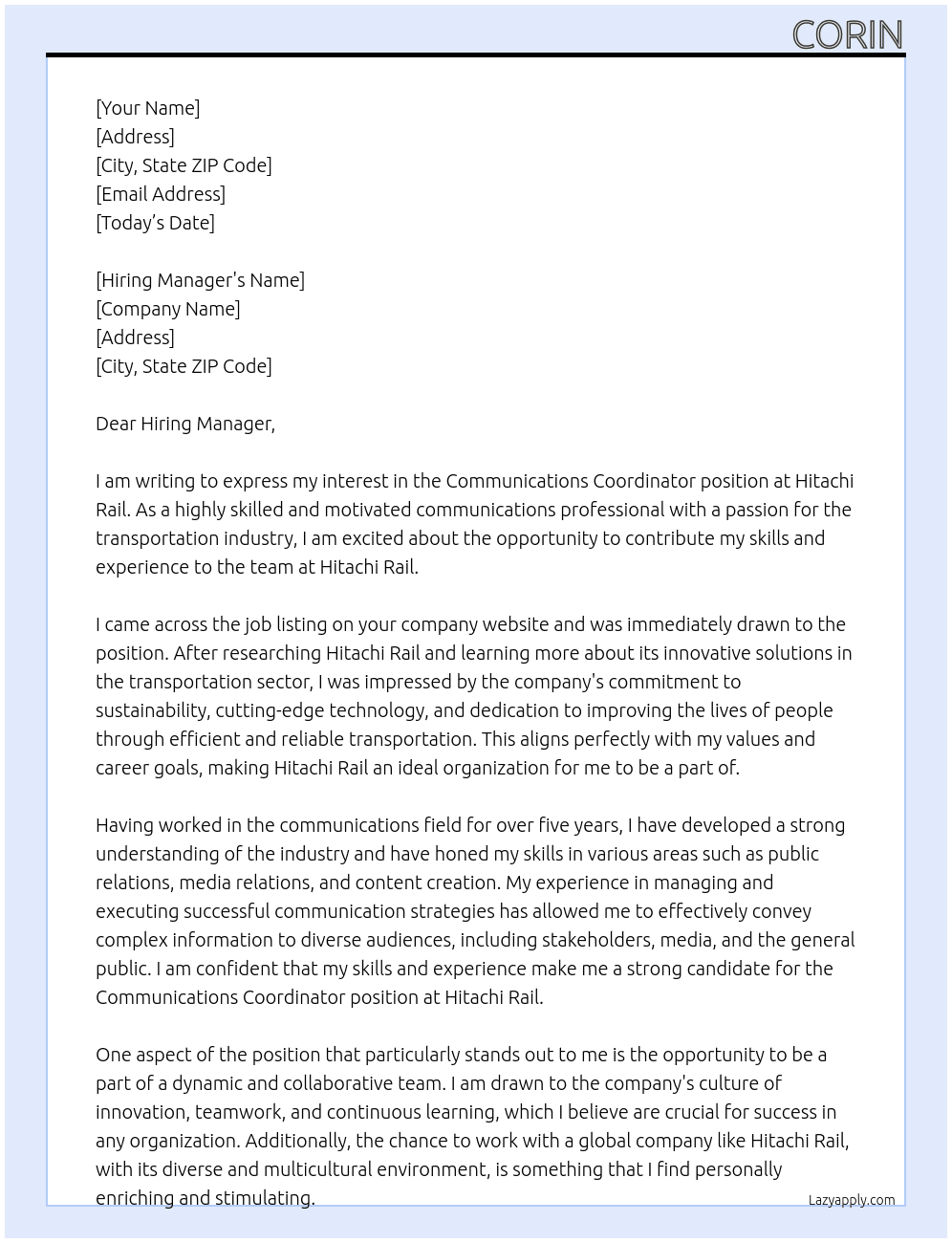 Communications Coordinator  At Hitachi Rail Cover Letter