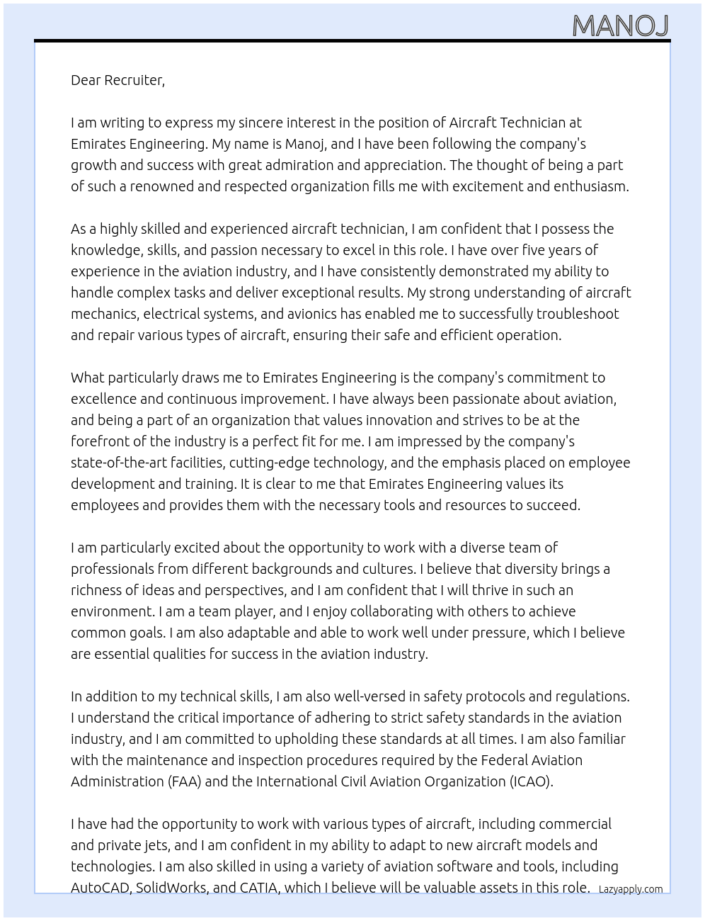 aircraft technician At emirates engineering Cover Letter