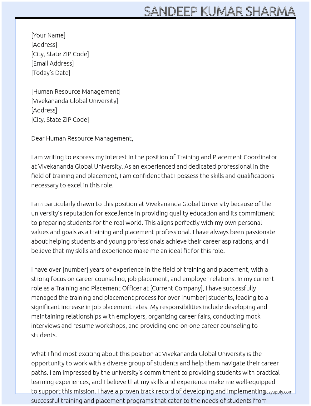 Training and placement Coordinator  At Vivekananda Global University  Cover Letter