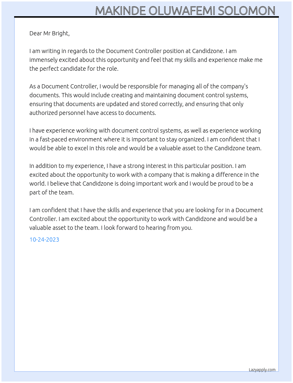 Document controller  At Candidzone Cover Letter