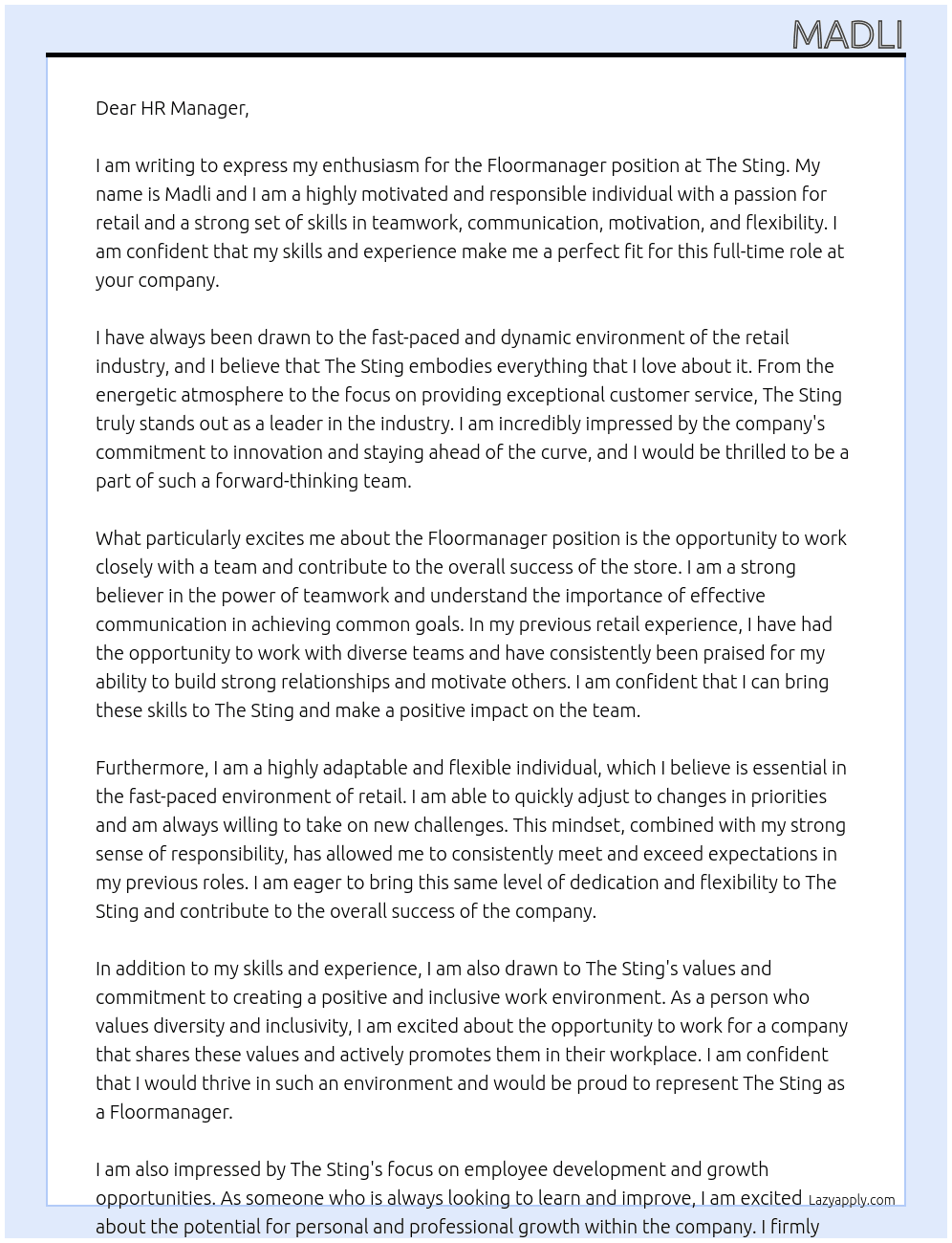Floormanager At The Sting Cover Letter