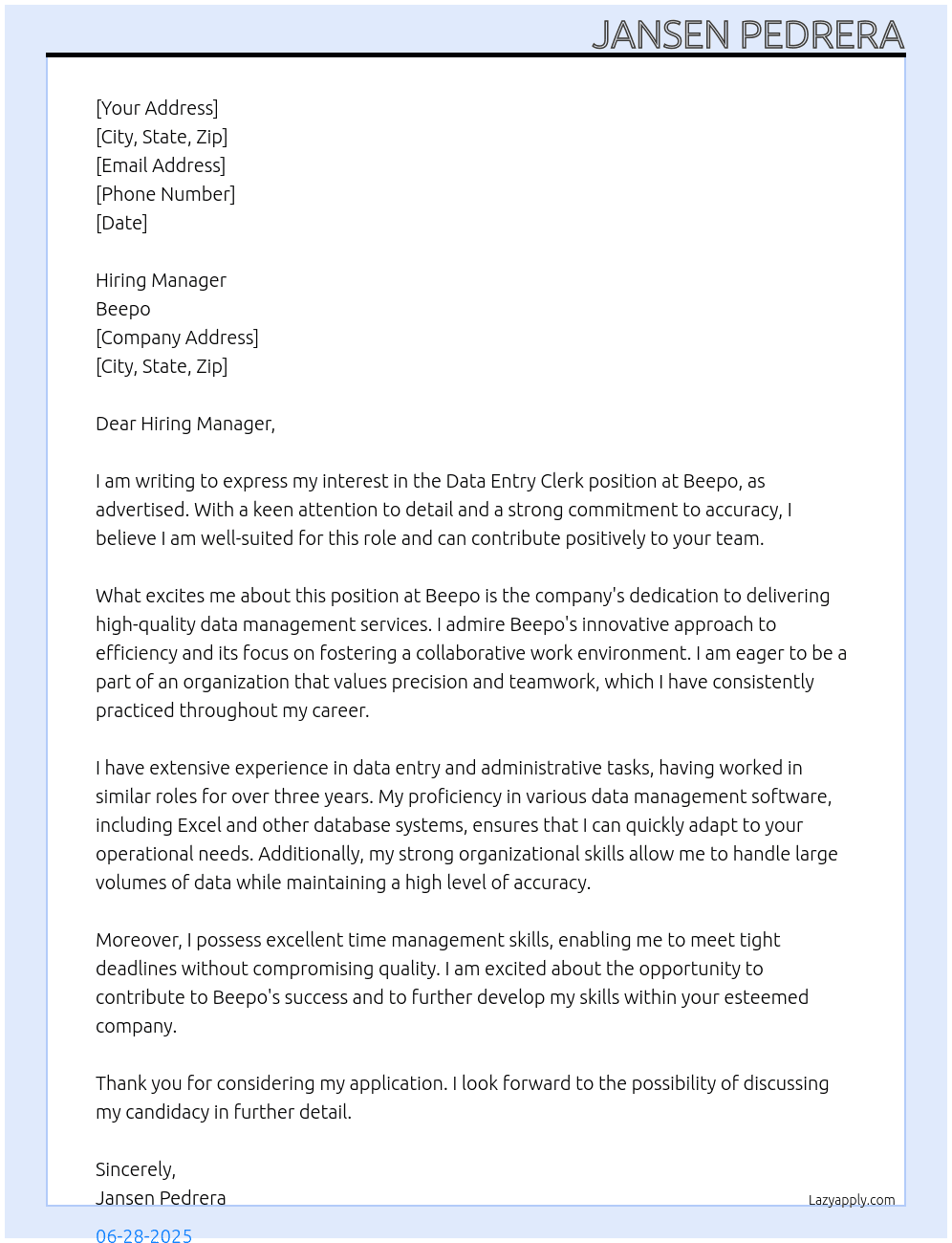 Data Entry Clerk At Beepo Cover Letter