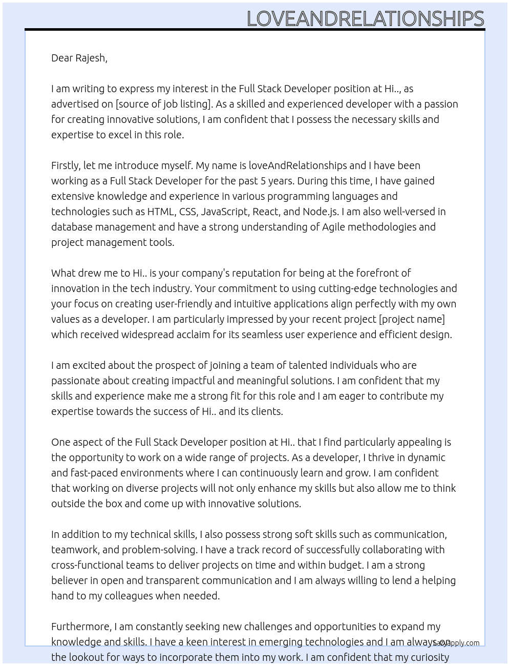 Cover letter for full stackk developre - LazyApply