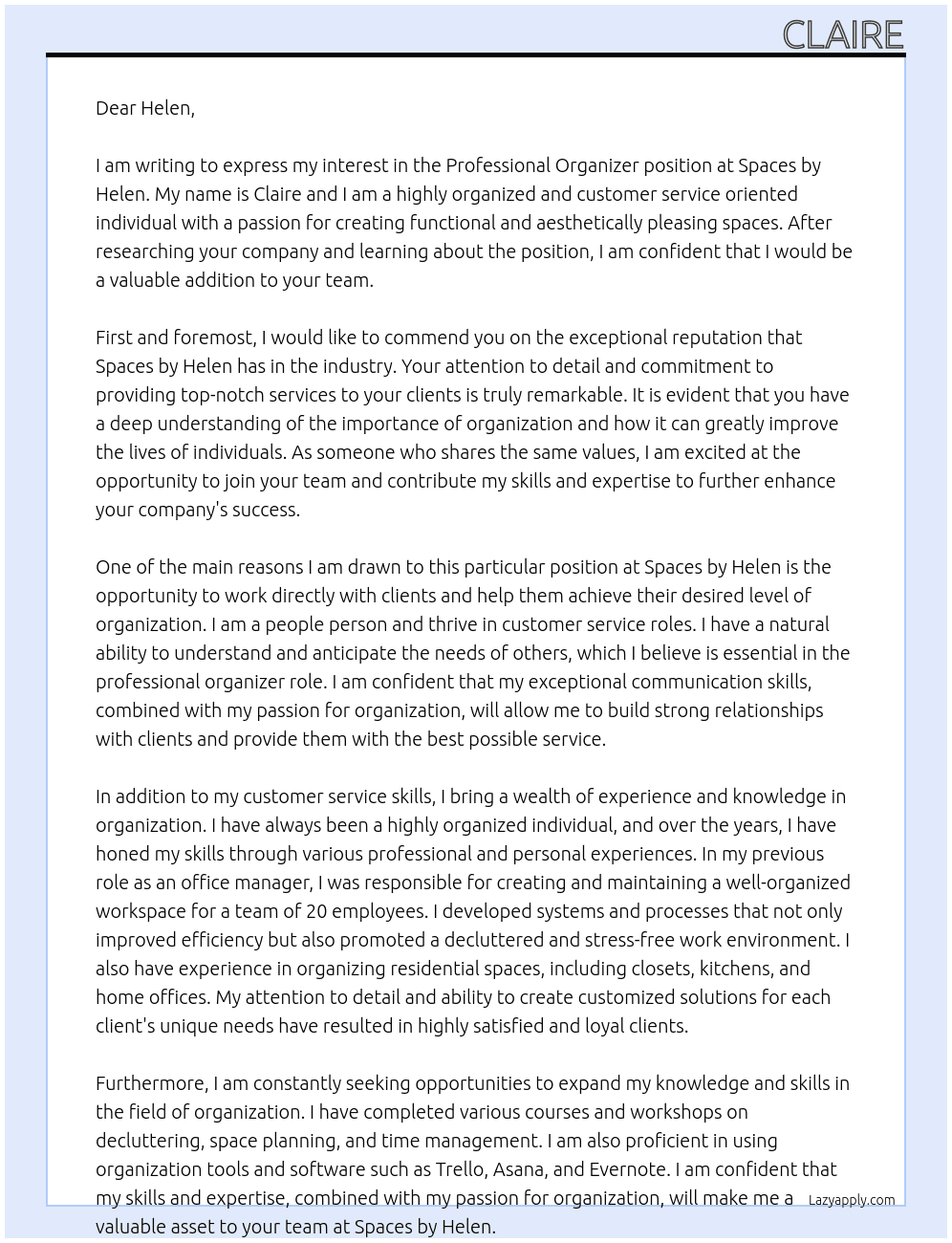 Professional Organizer At Spaces by Helen Cover Letter