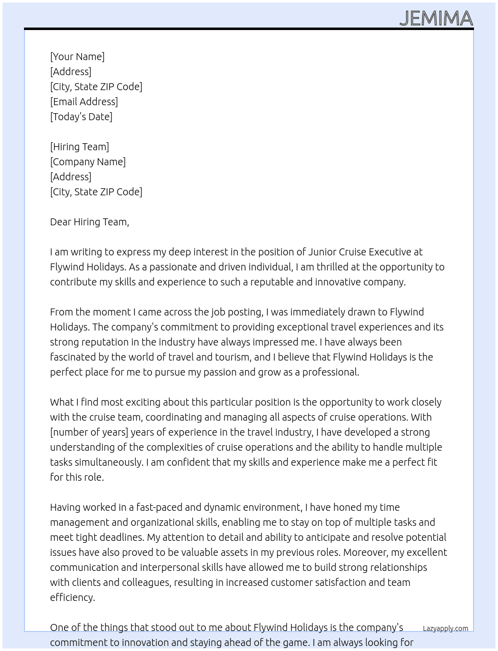 junior cruise executive At Flywind Holidays Cover Letter