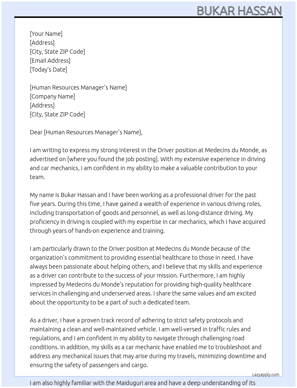 Driver At Medesins du monde Cover Letter
