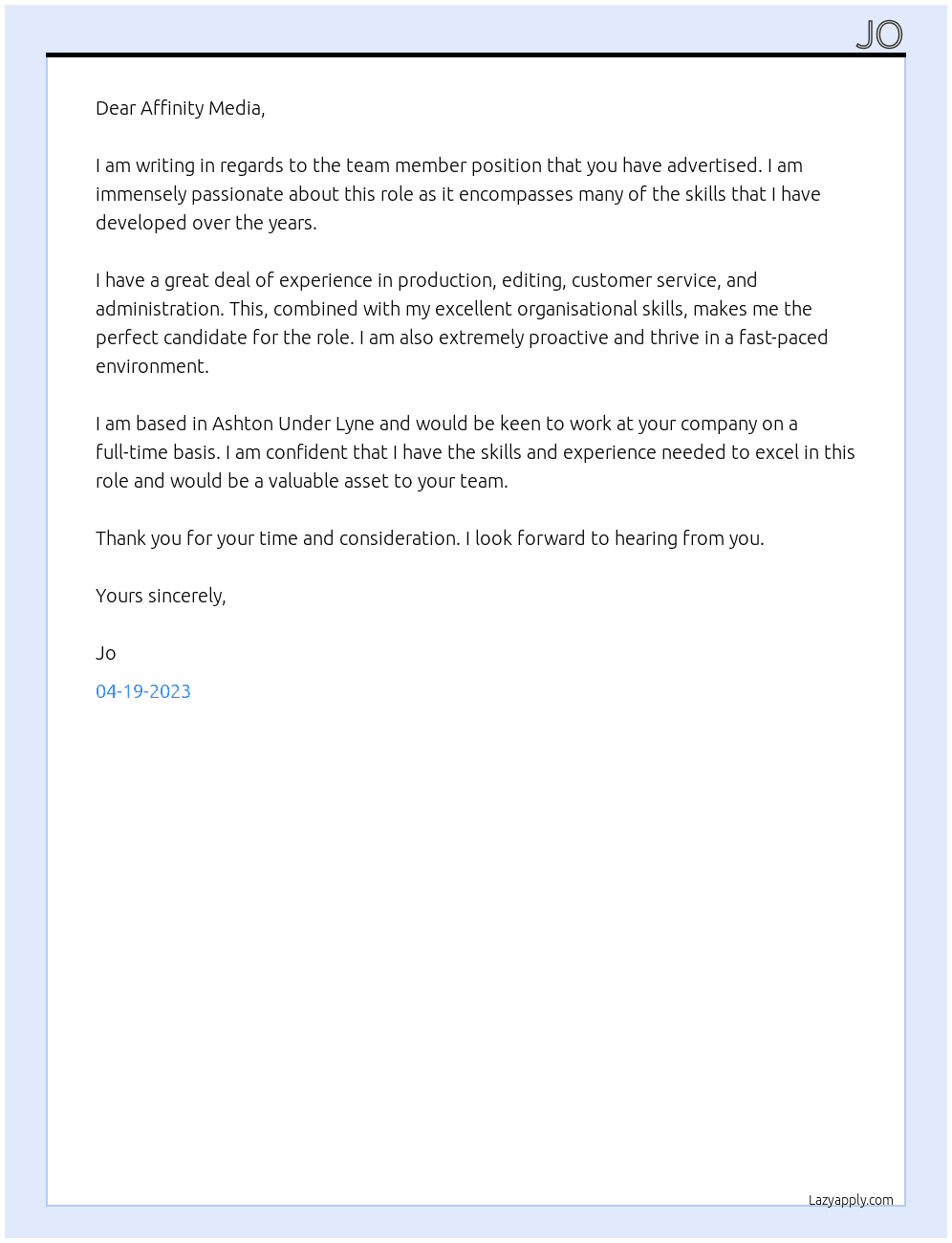 Team member At Affinity Media Cover Letter