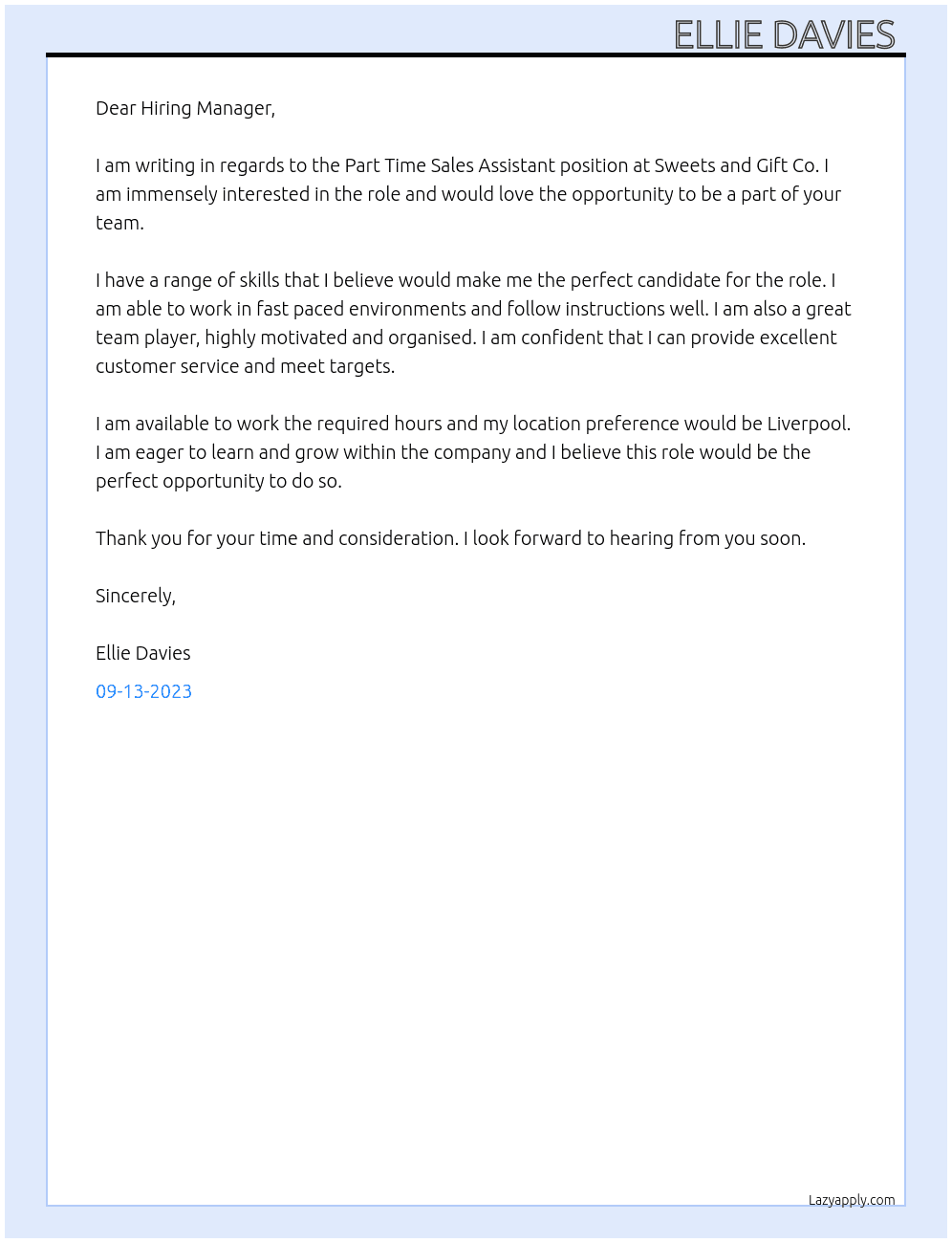 Part time sales assistant  At Sweets and Gift Co   Cover Letter