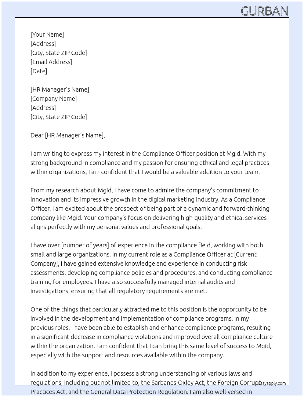 Compliance officer At Mgid Cover Letter