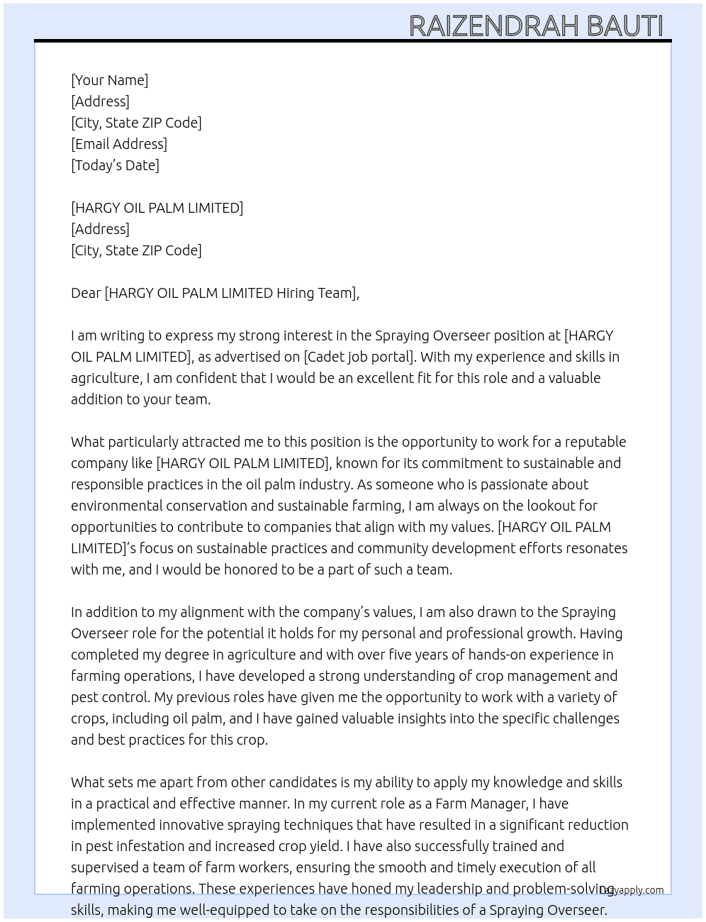 Spraying Overseer  At Cadet  Cover Letter
