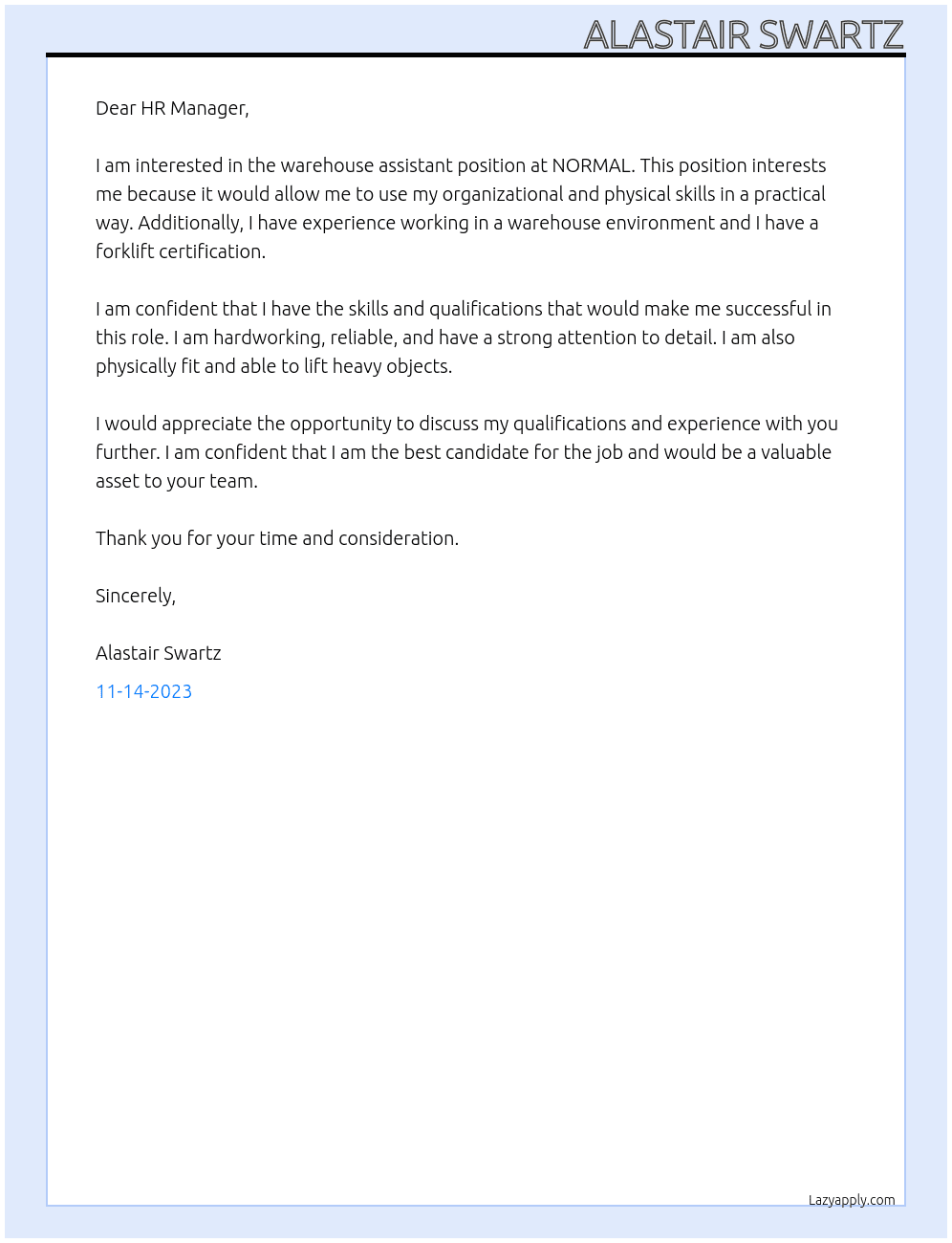 Warehouse assistant At NORMAL Cover Letter