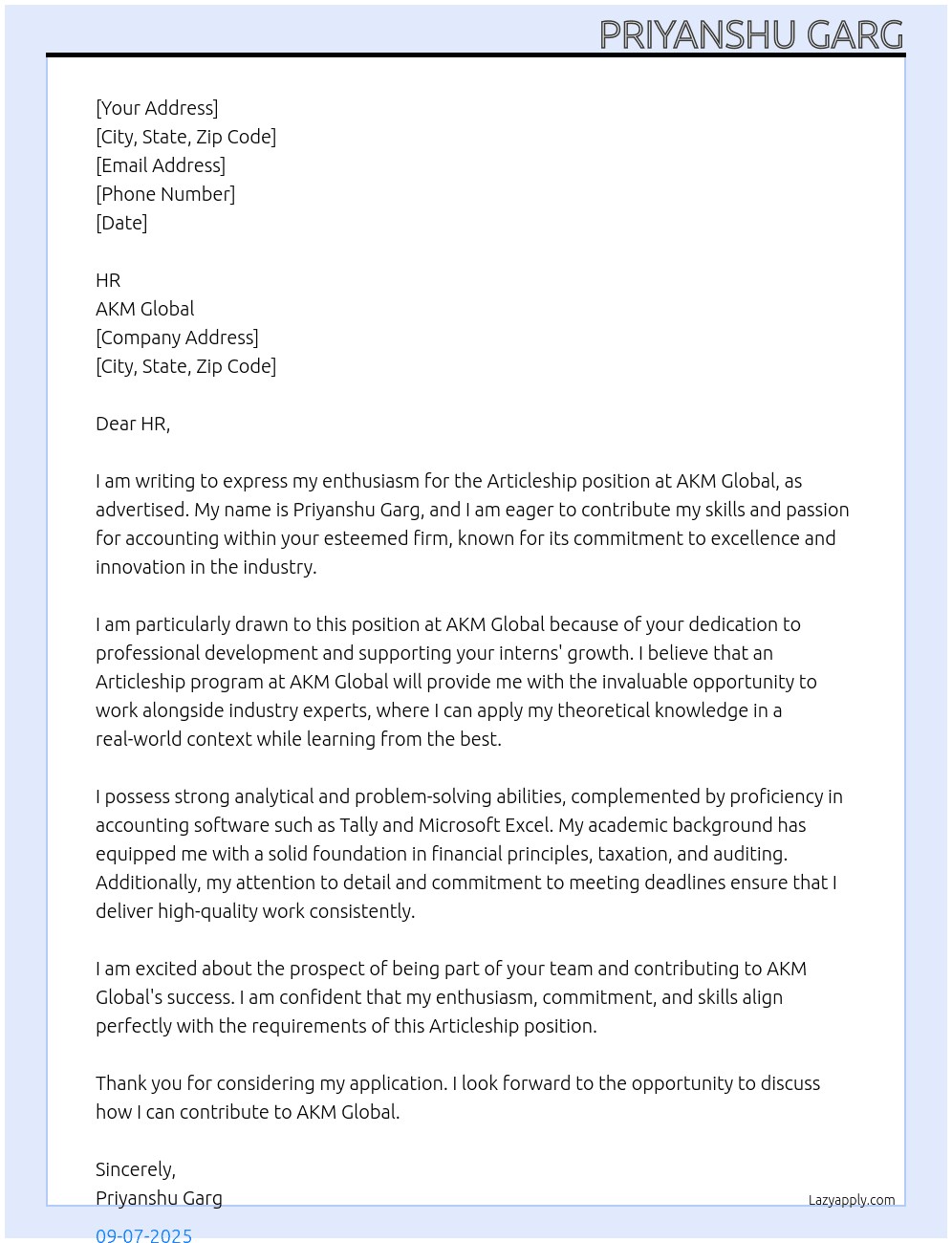 Articleship At AKM Global Cover Letter
