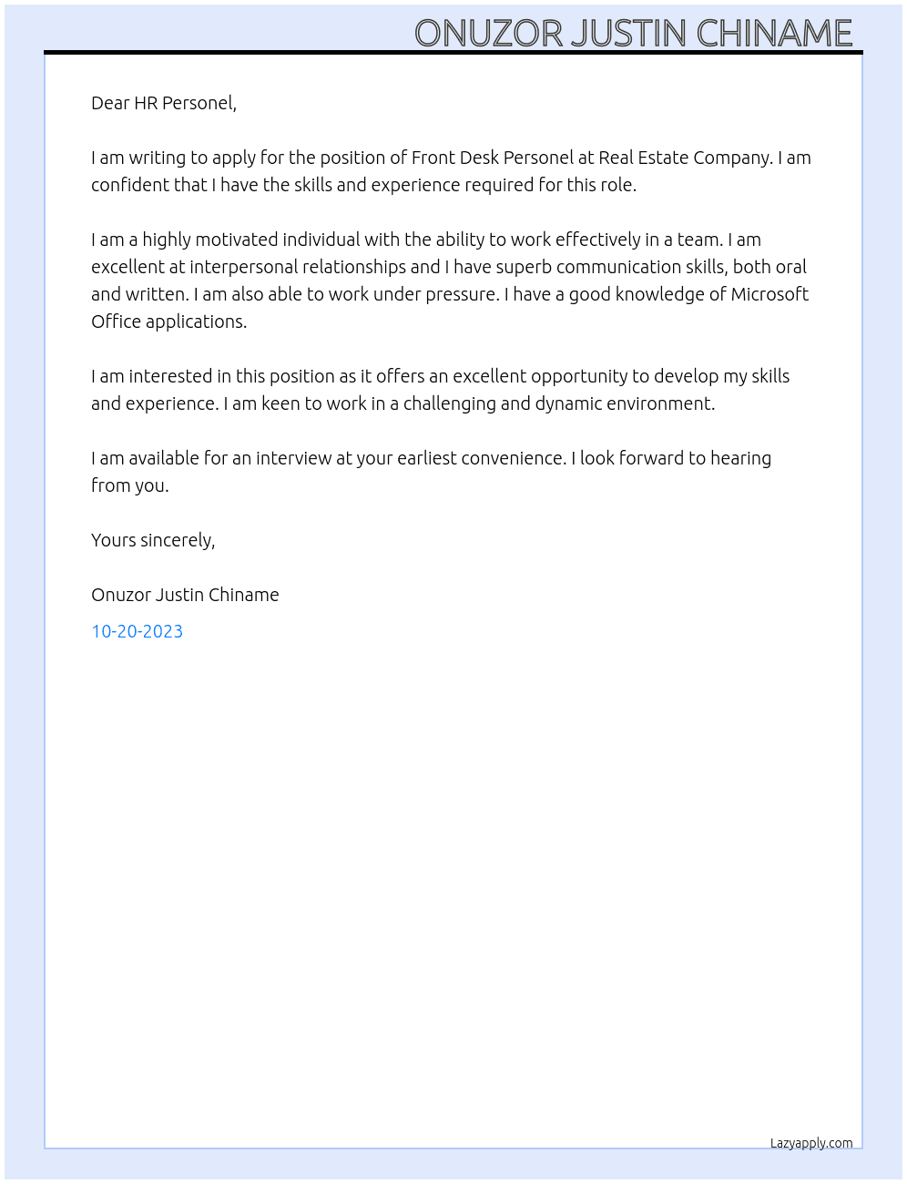 Front Desk Personel  At Real Estate Company  Cover Letter